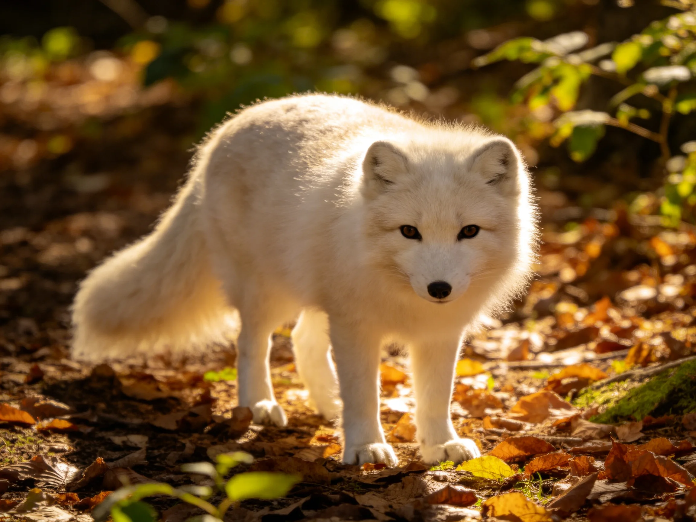 A white arctic fox amid autumn leaves in a sunlit forest