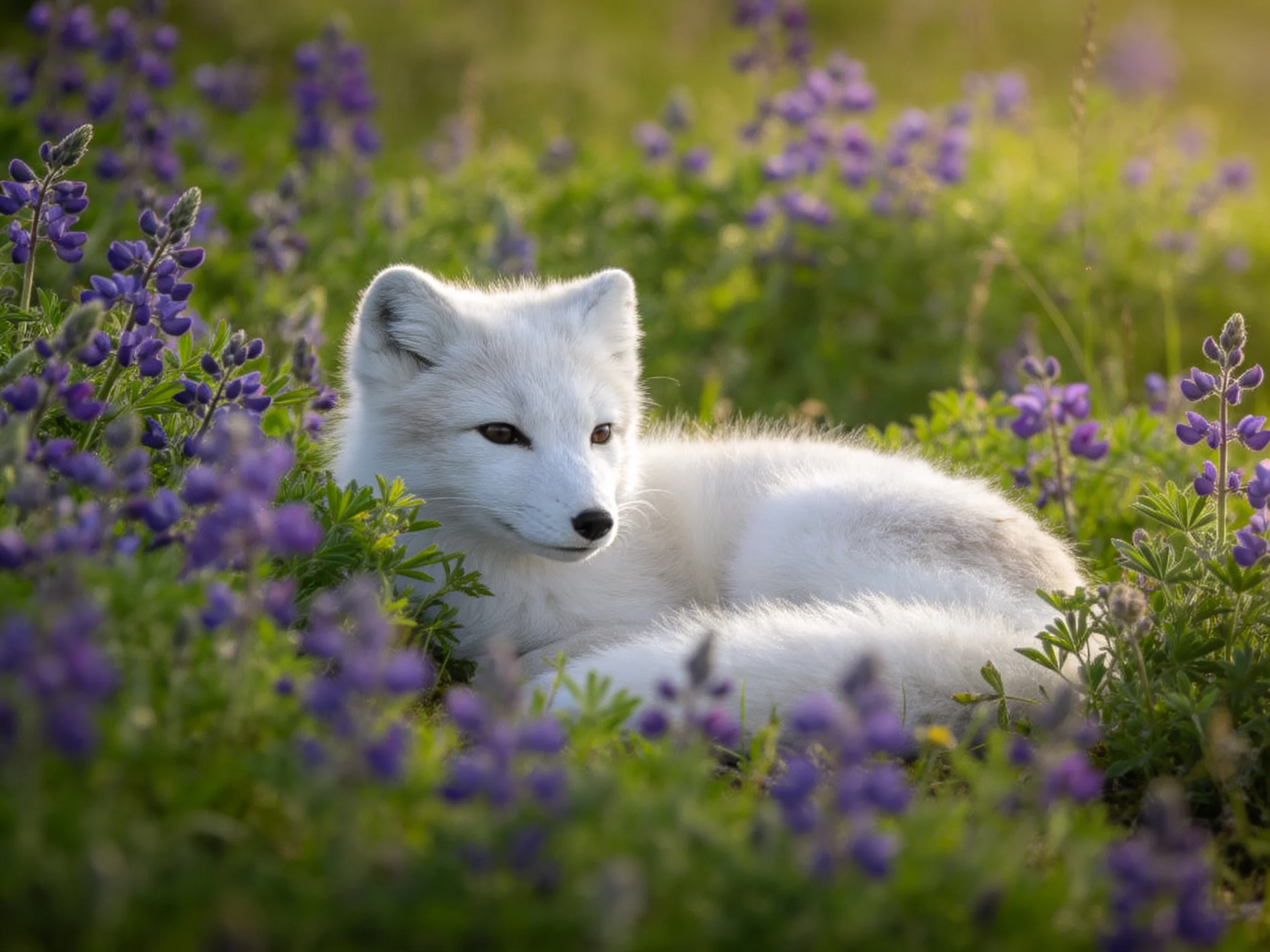 A white arctic fox resting among vibrant purple lupine flowers