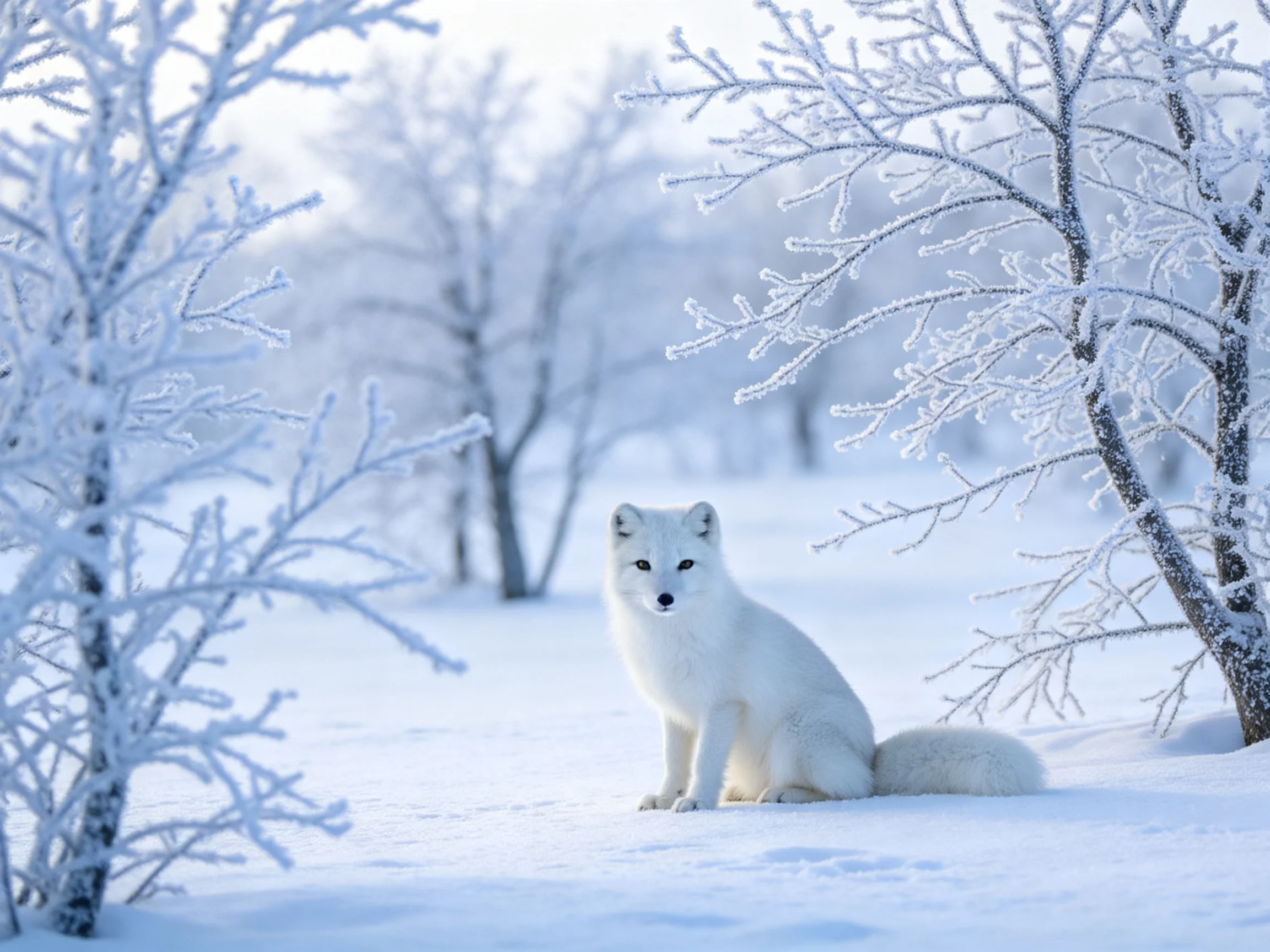 A white arctic fox sits among frost-covered trees in a snowy field