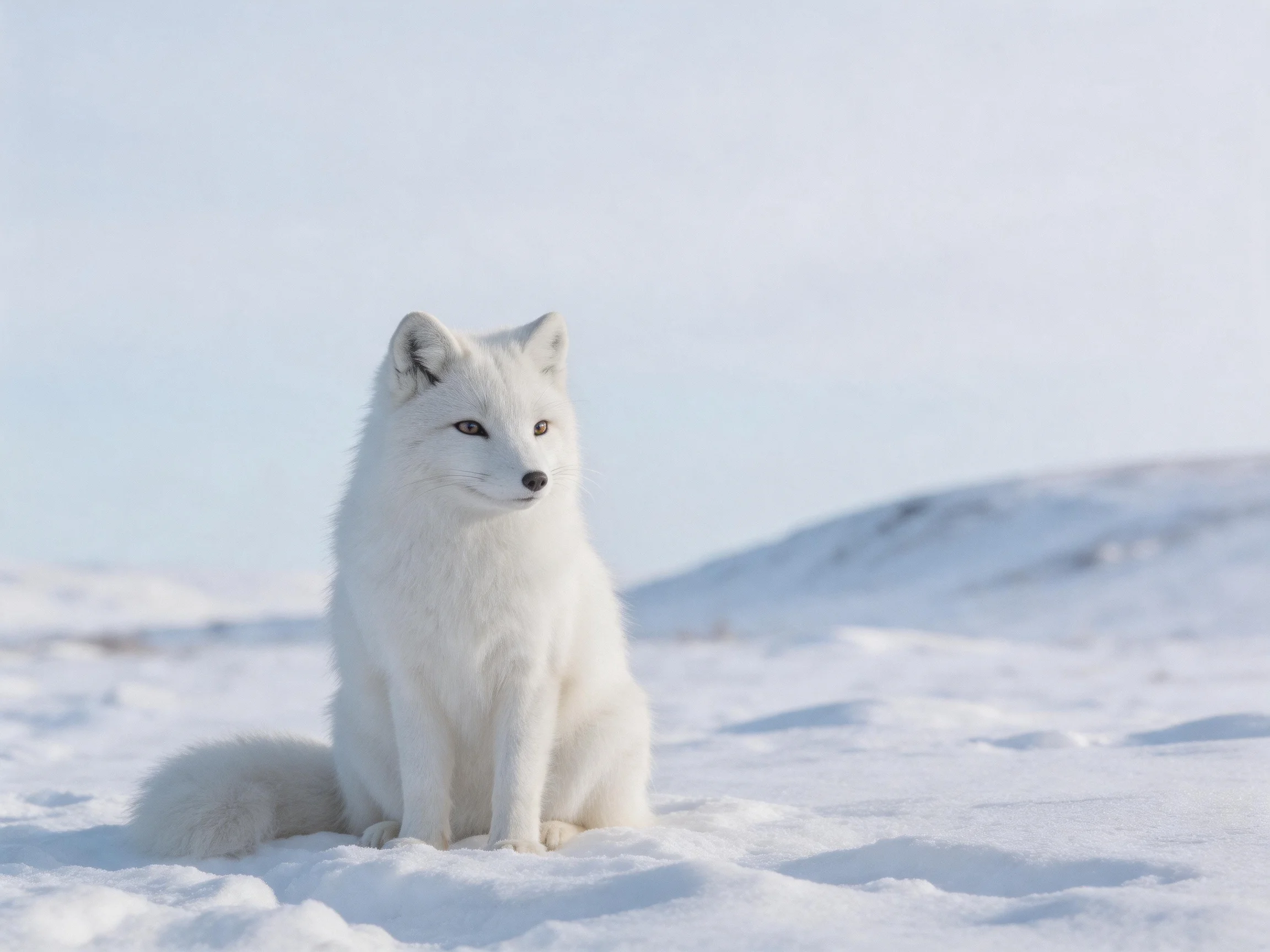 A white arctic fox sits in a snowy landscape with distant hills