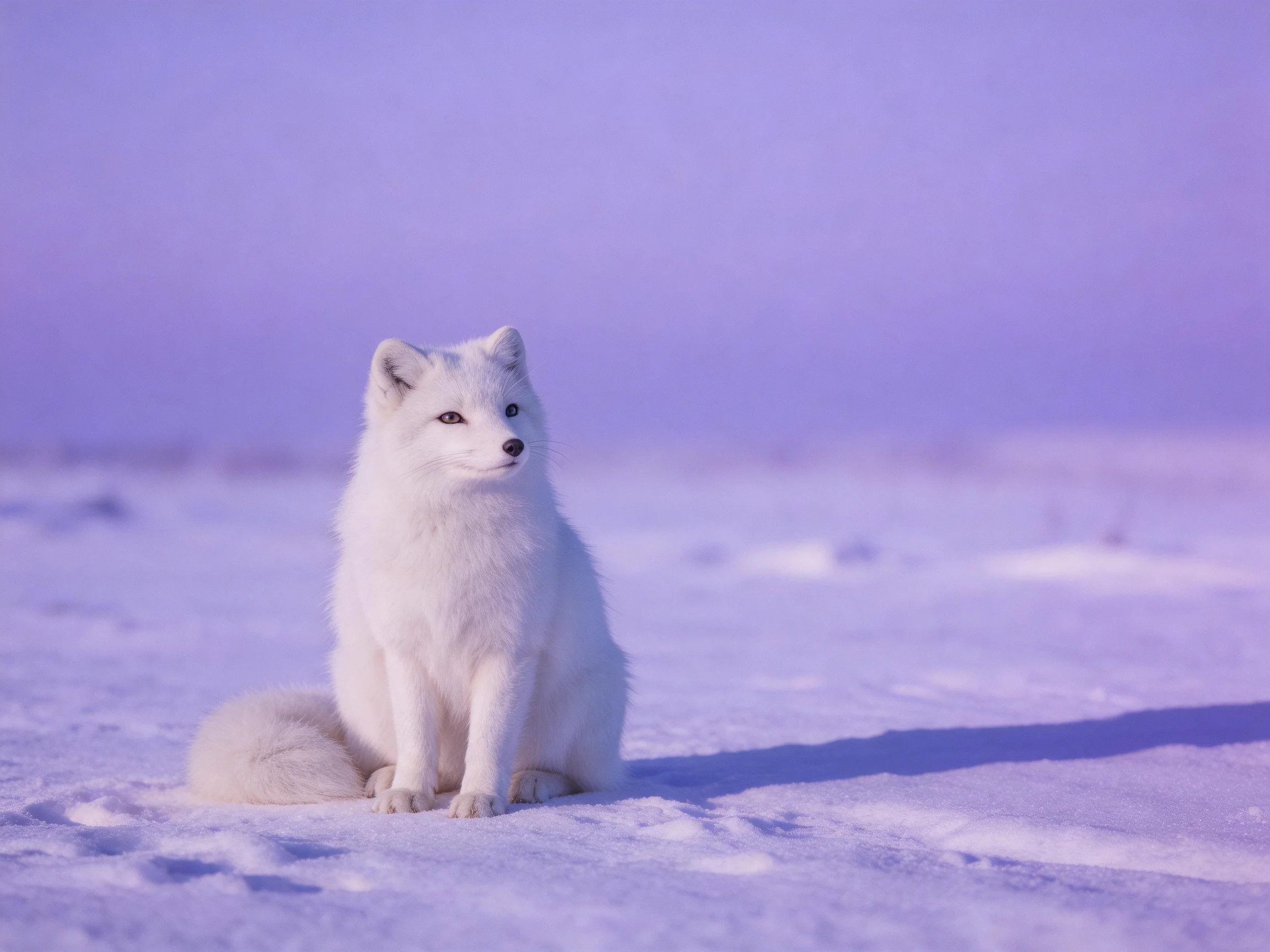 A white arctic fox sits in a vast, purple-hued snowy landscape