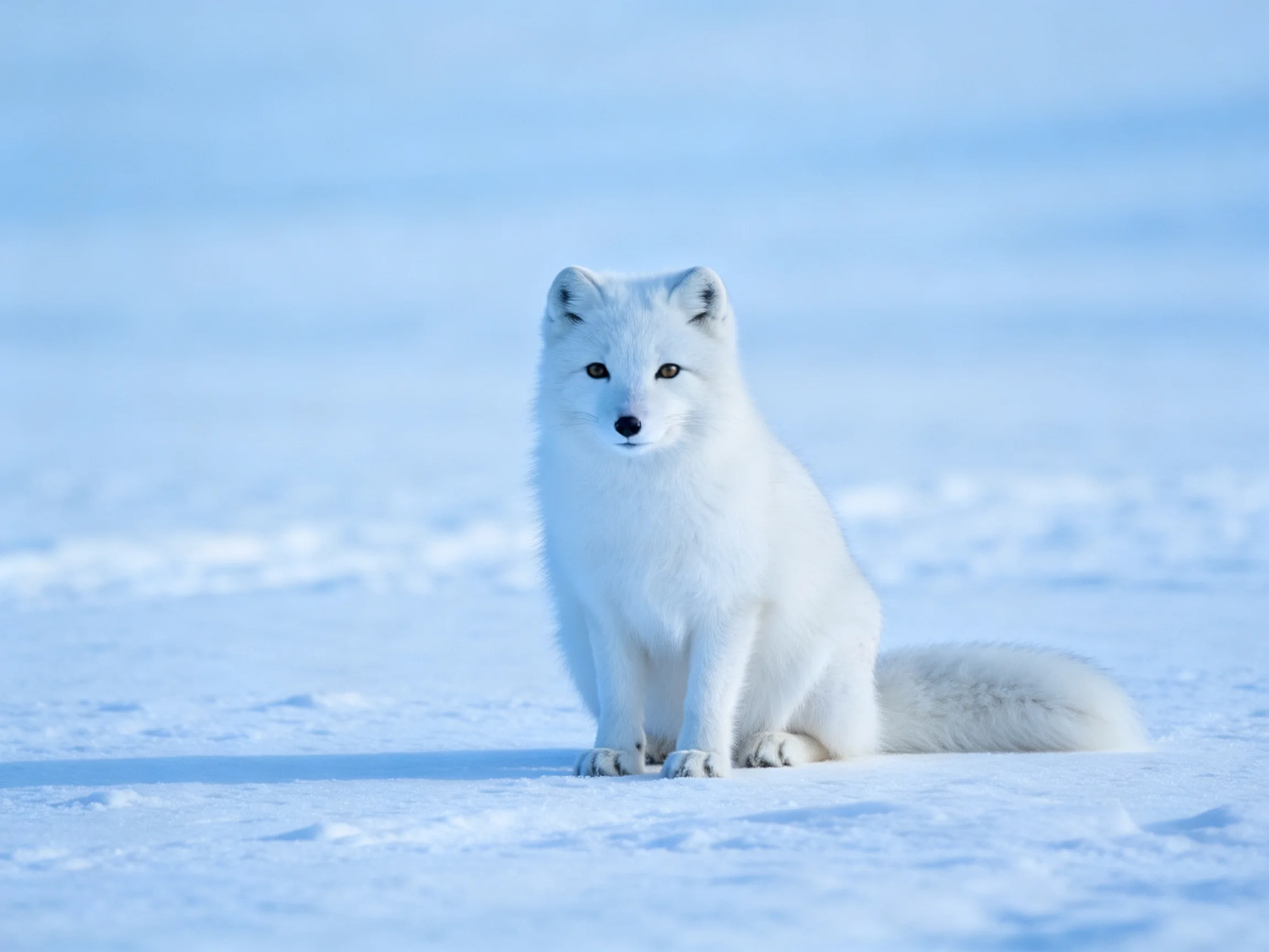A white arctic fox sits on a vast snowy plain