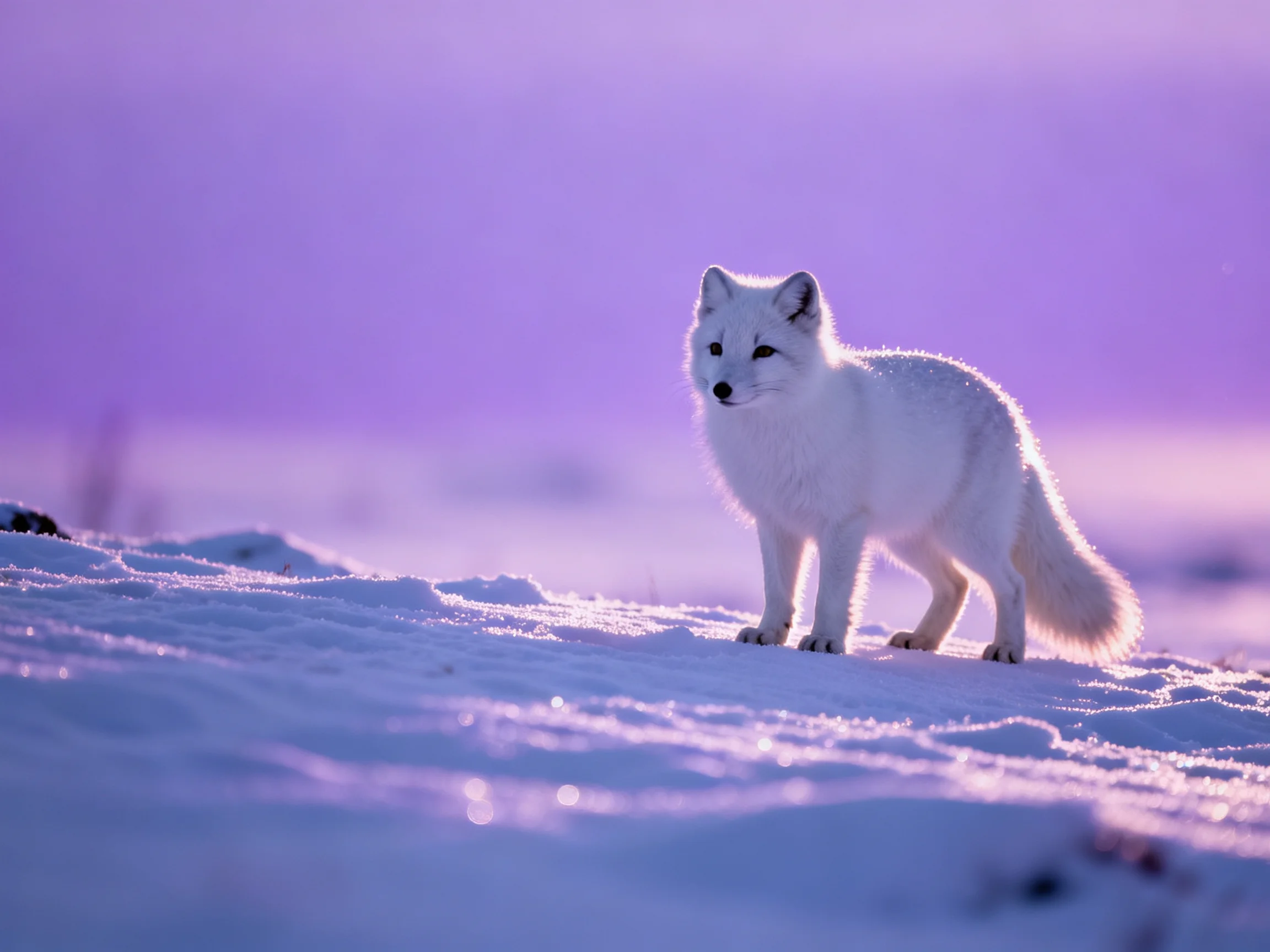 An arctic fox stands on snow in a purple-lit winter landscape.