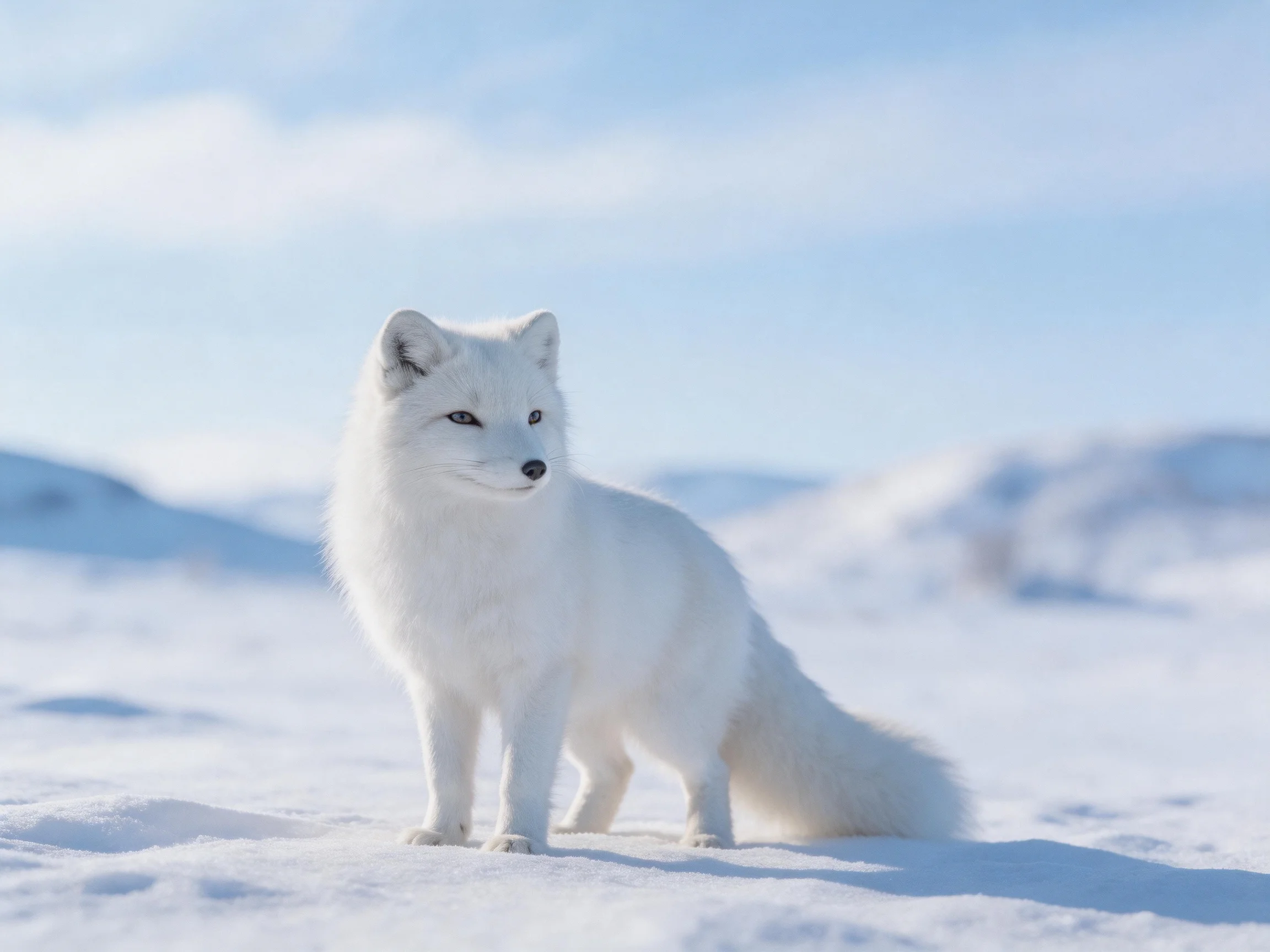 A white arctic fox stands on snow in a bright landscape
