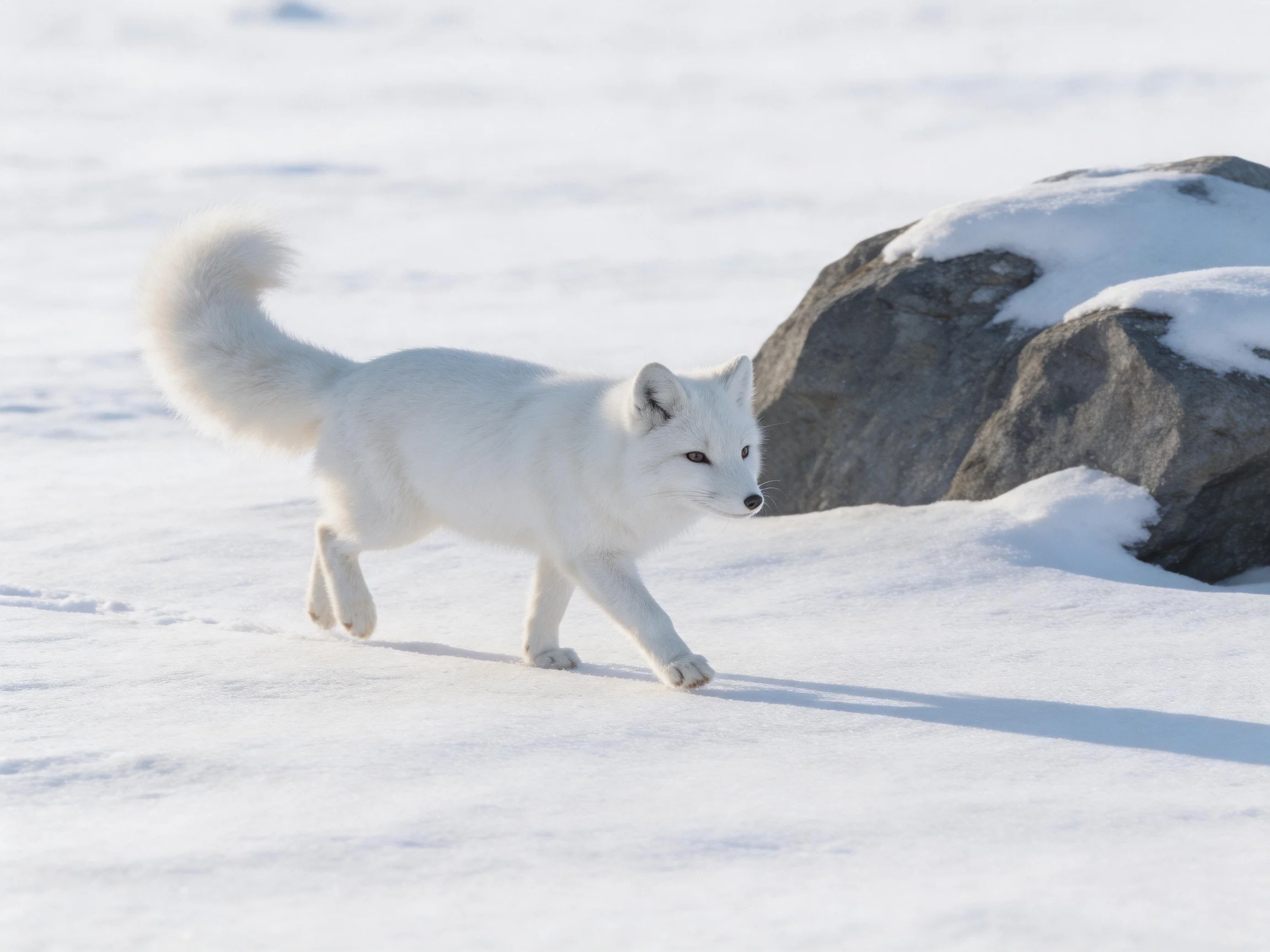 A white arctic fox walking near snow-covered rocks