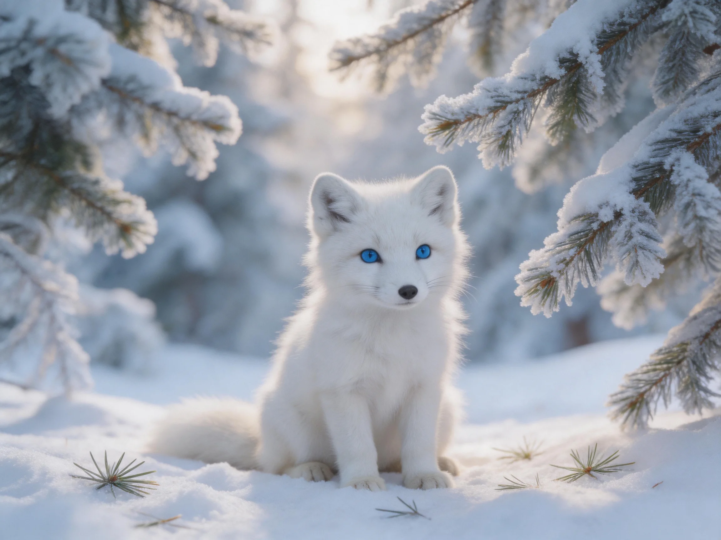 A white arctic fox with bright blue eyes amid snow - covered pines