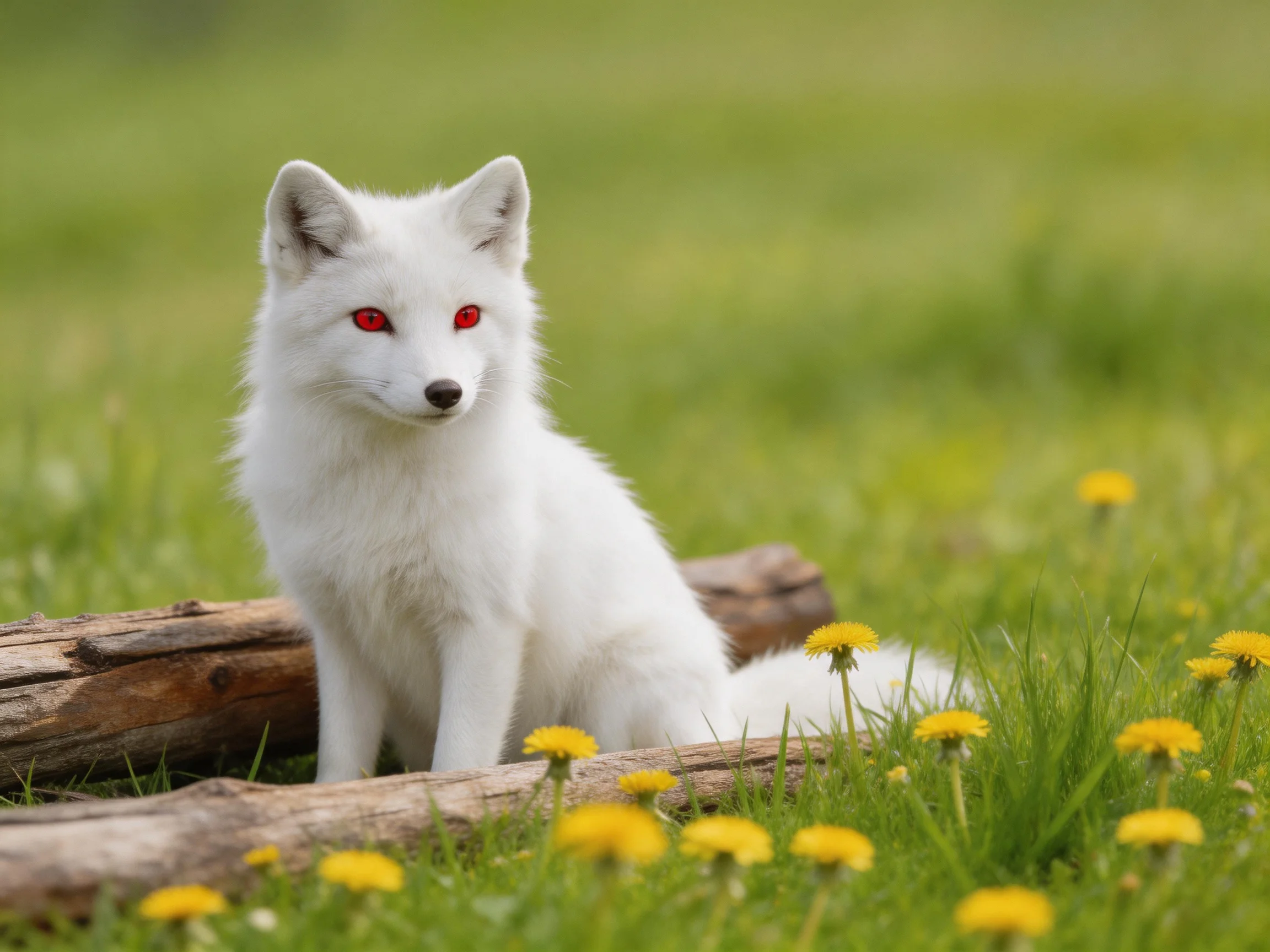A white arctic fox with red eyes sits near wooden logs among yellow flowers