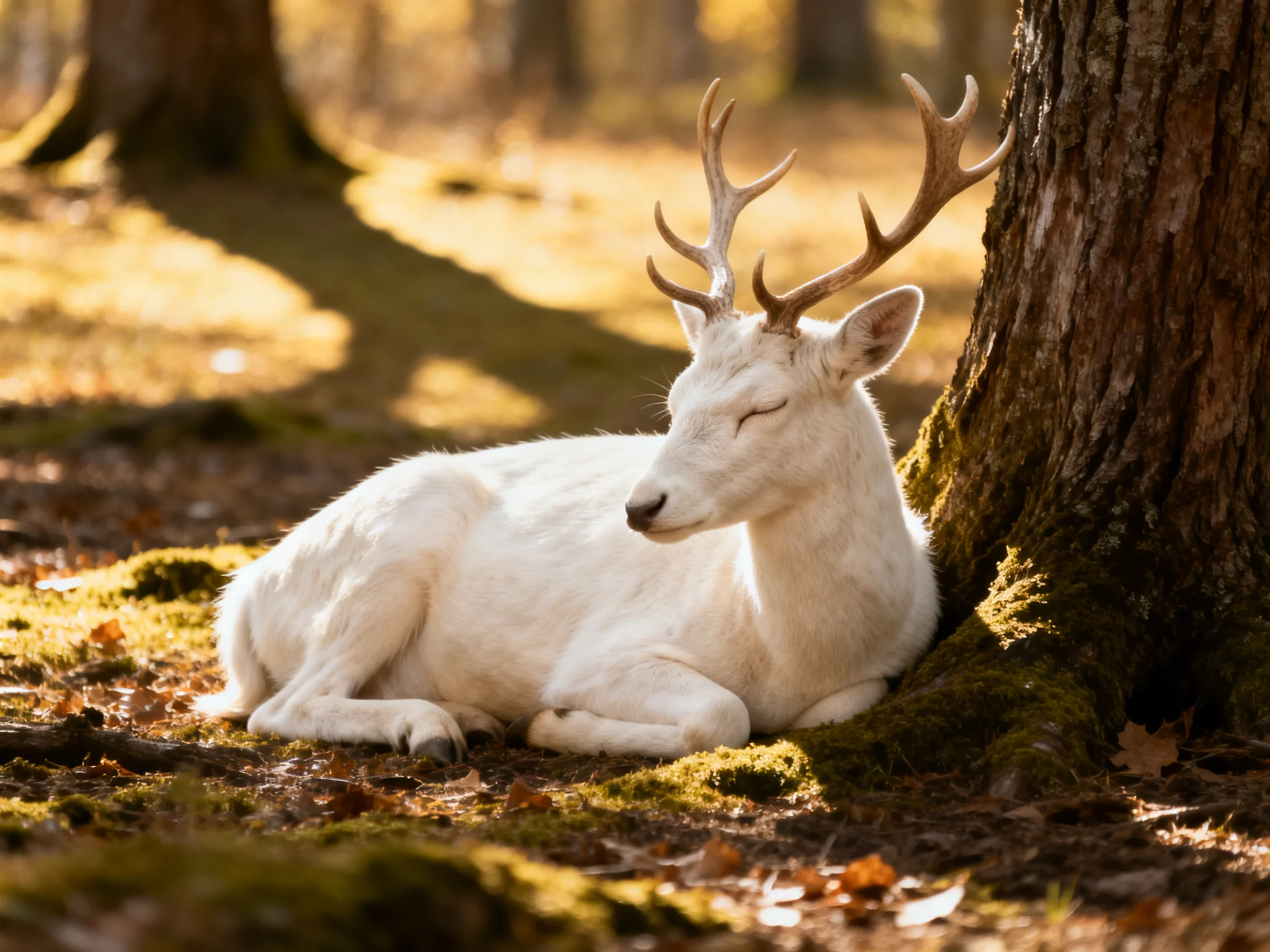 A white deer relaxes near a tree in a sunlit forest.