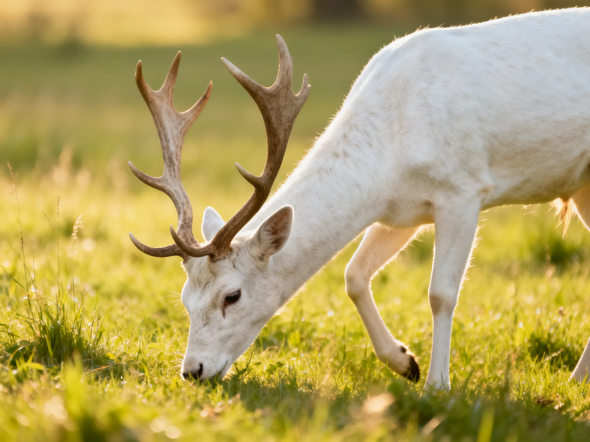 A white deer grazes in a sunlit meadow with tall grass.