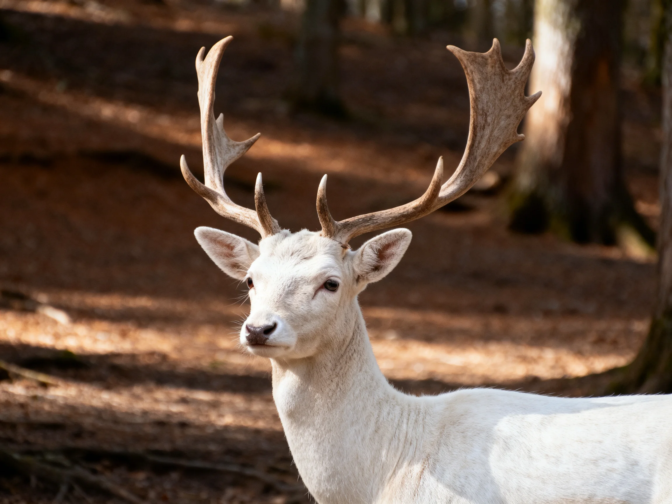 A white deer with large antlers in a sunlit forest