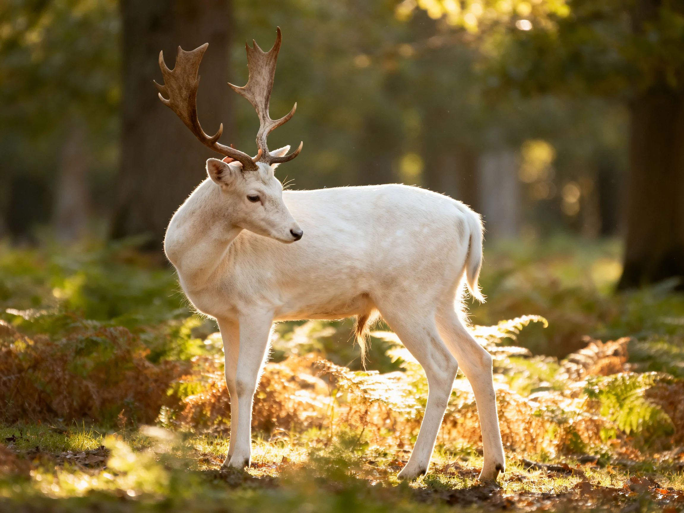 A white deer with large antlers in a sunlit forest