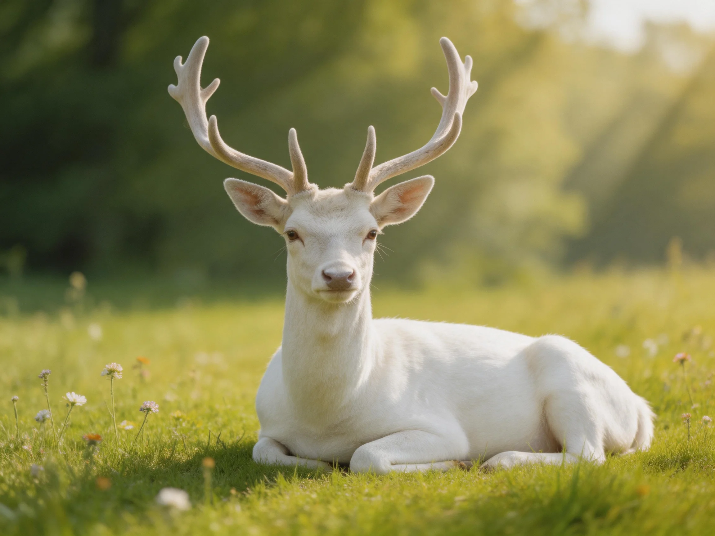 A white deer with large antlers rests in a sunlit meadow