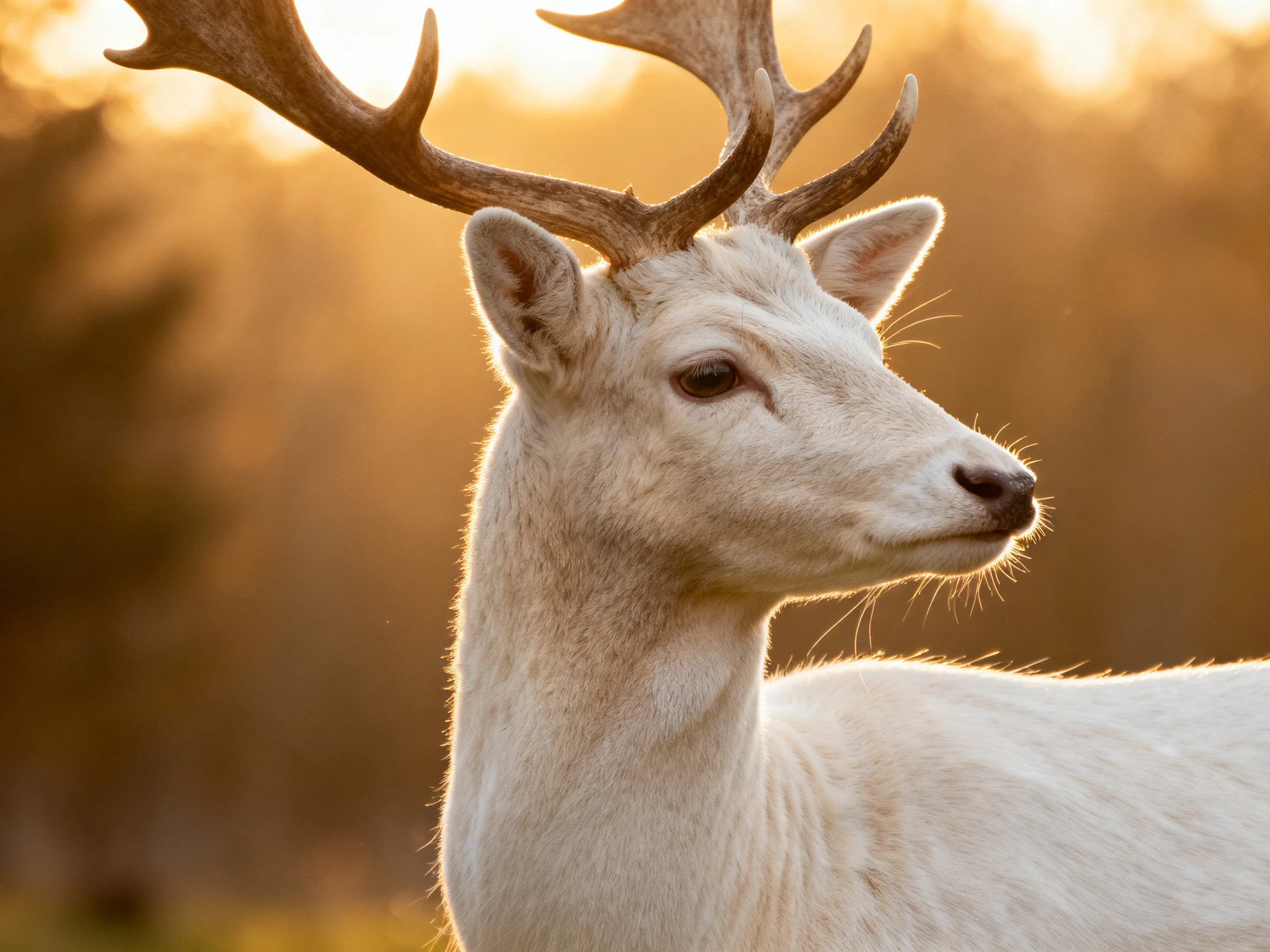 A white deer with large antlers set against a golden sunset backdrop
