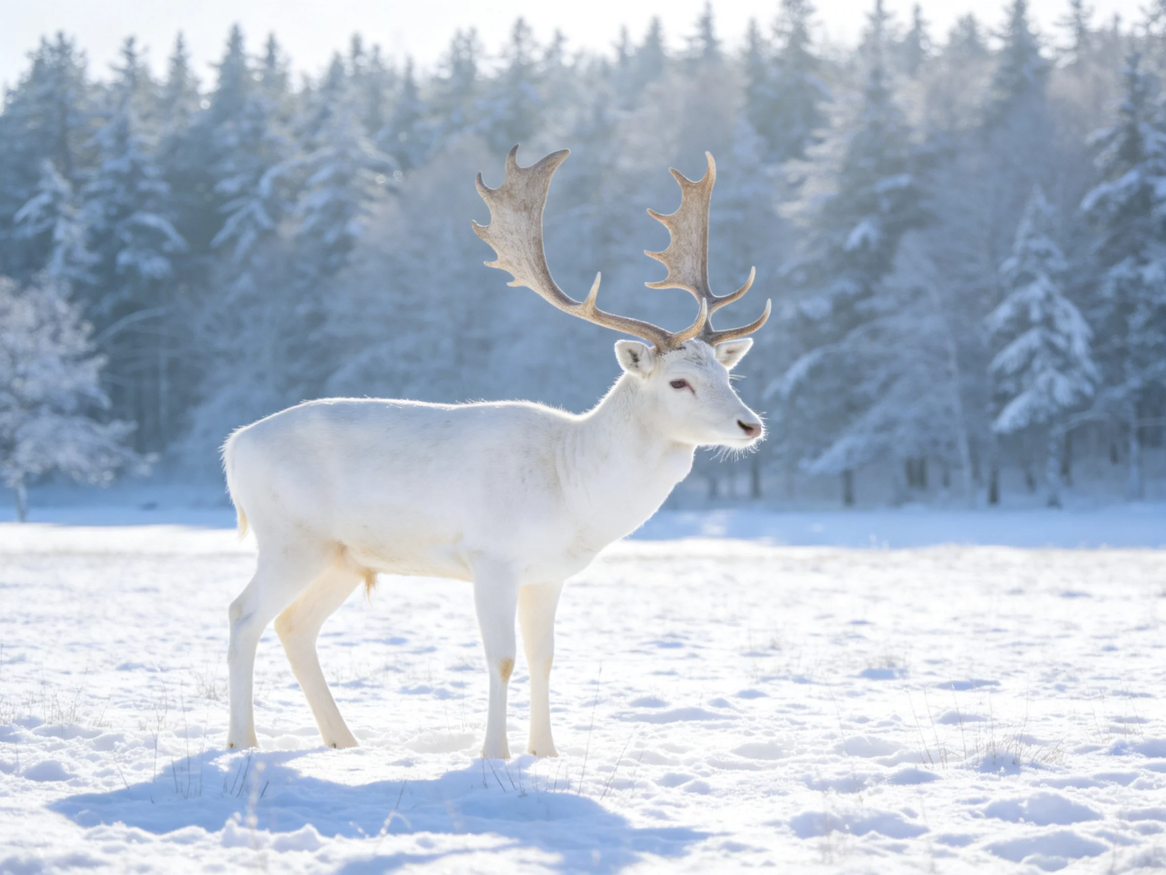 A white deer with large antlers stands in a snow-covered field