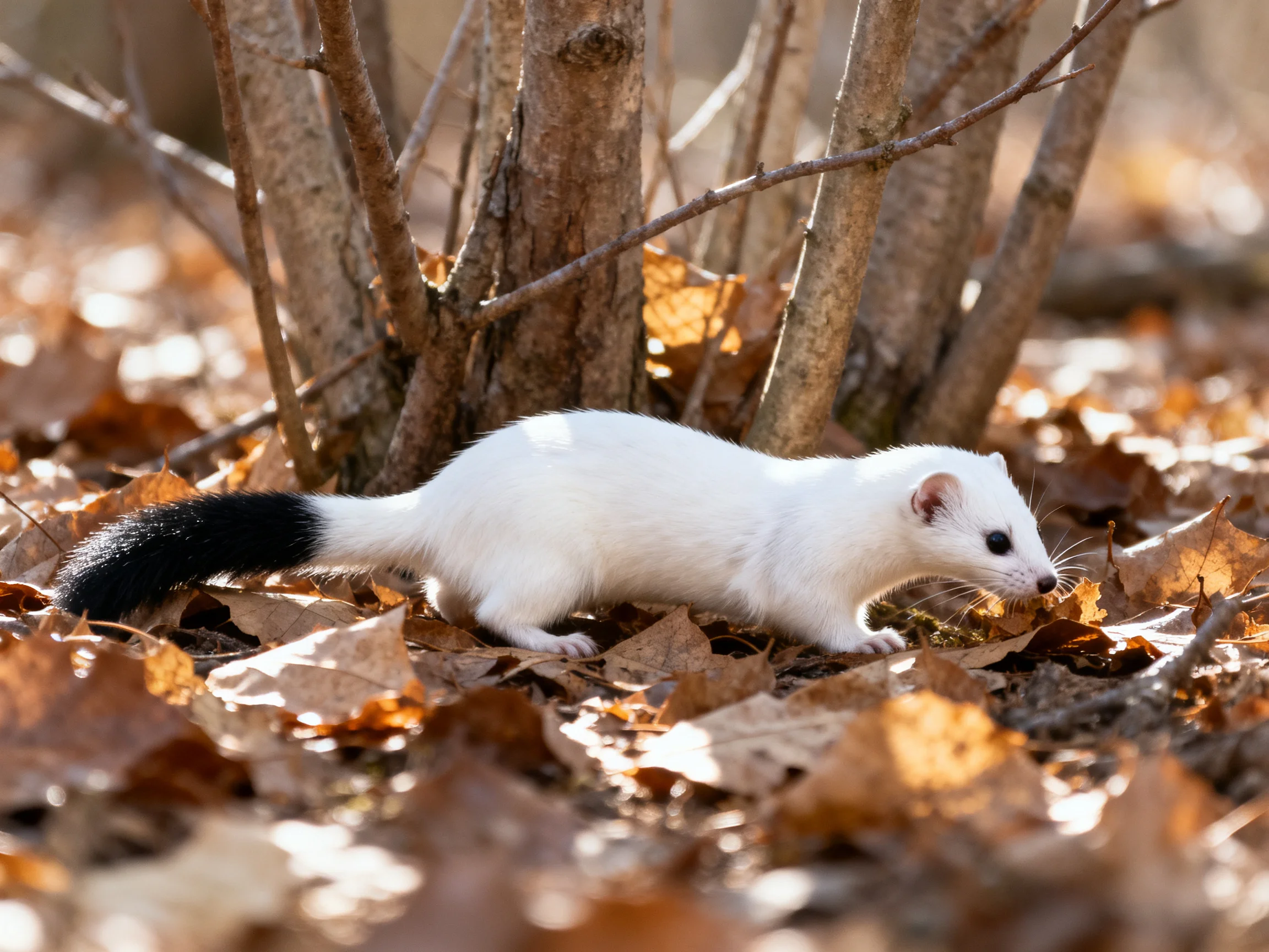 A white ermine forages amid autumn leaves near bare trees