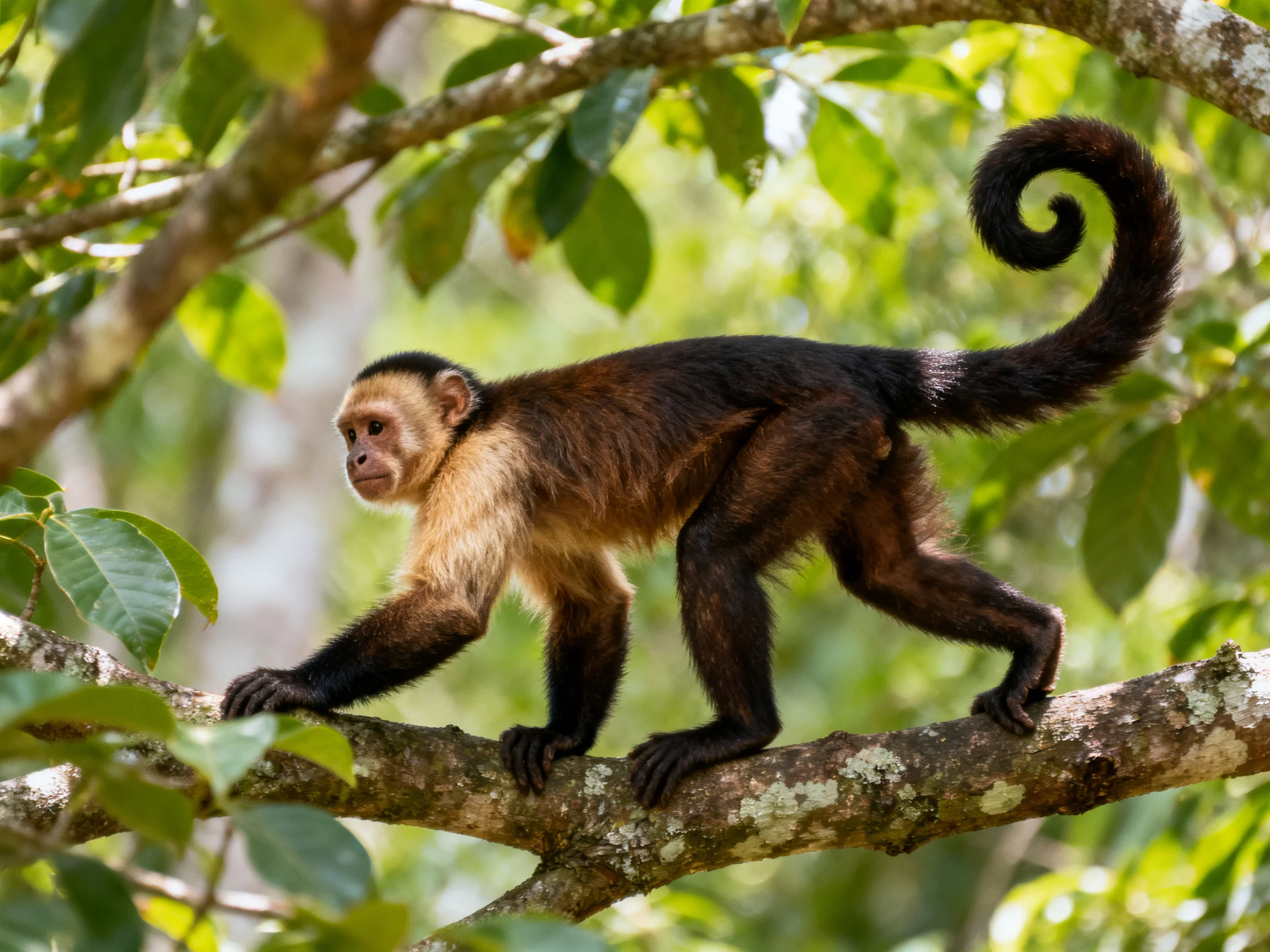 A white-faced capuchin monkey with dark brown fur climbs a mossy tree branch