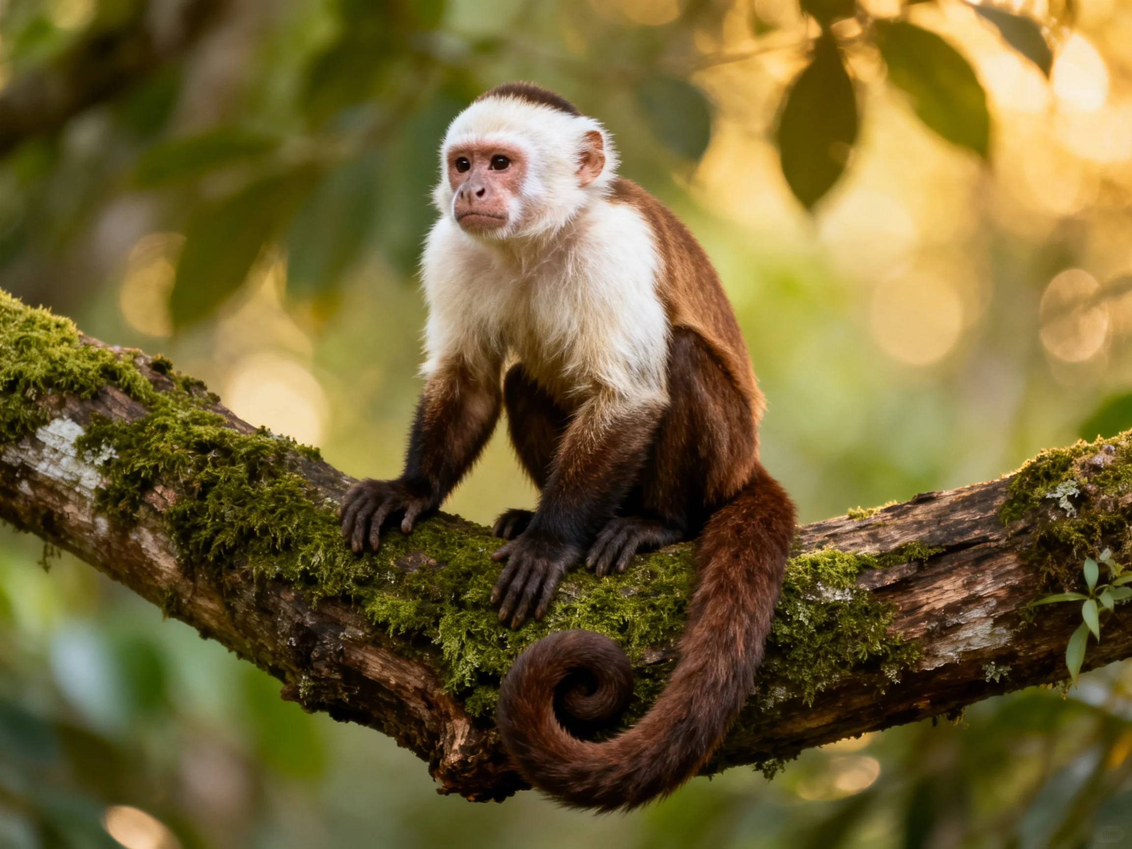 A white-faced monkey perched on a moss-covered forest branch