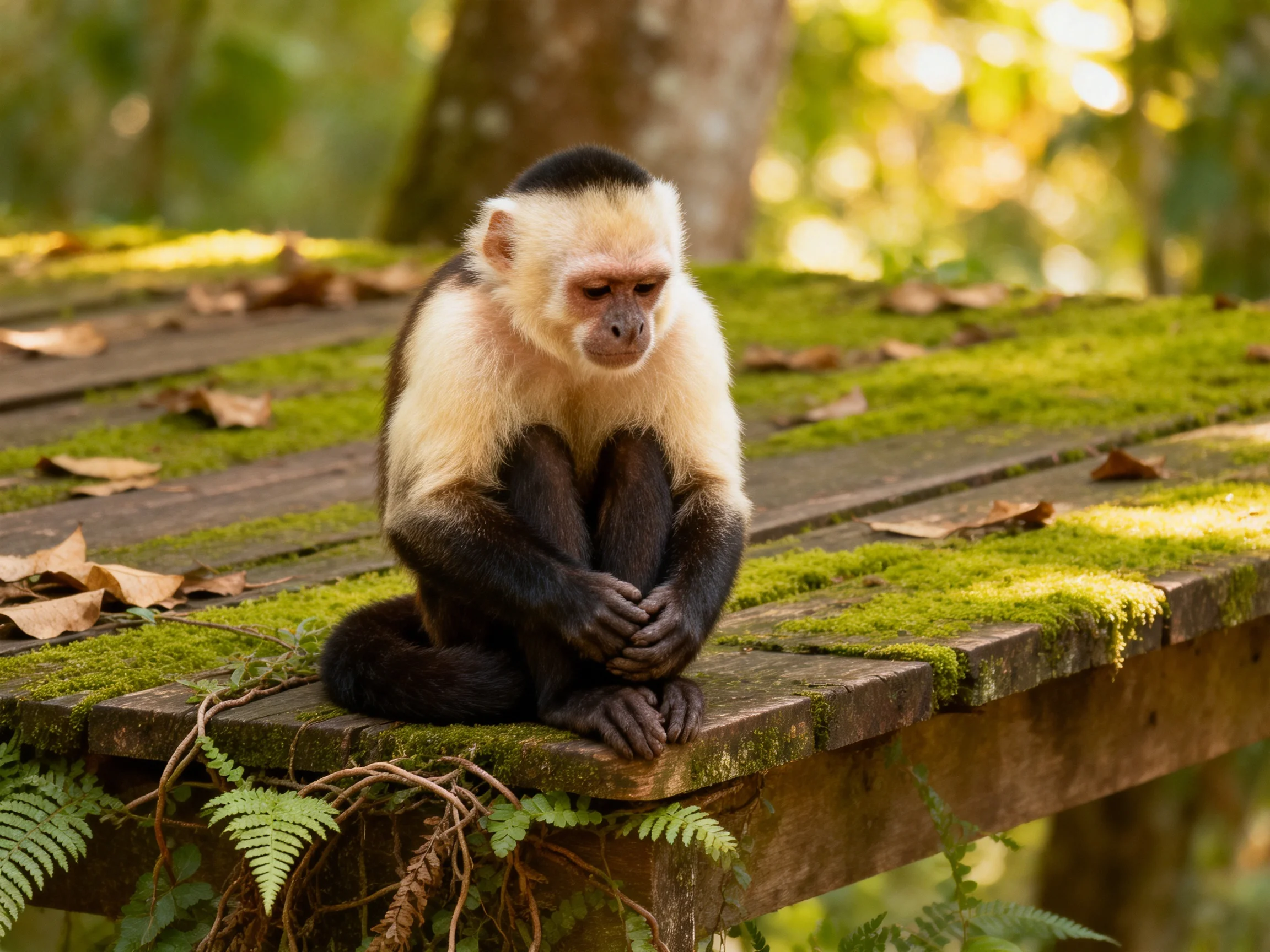 A white-faced monkey sits on a moss-covered wooden platform in a forest
