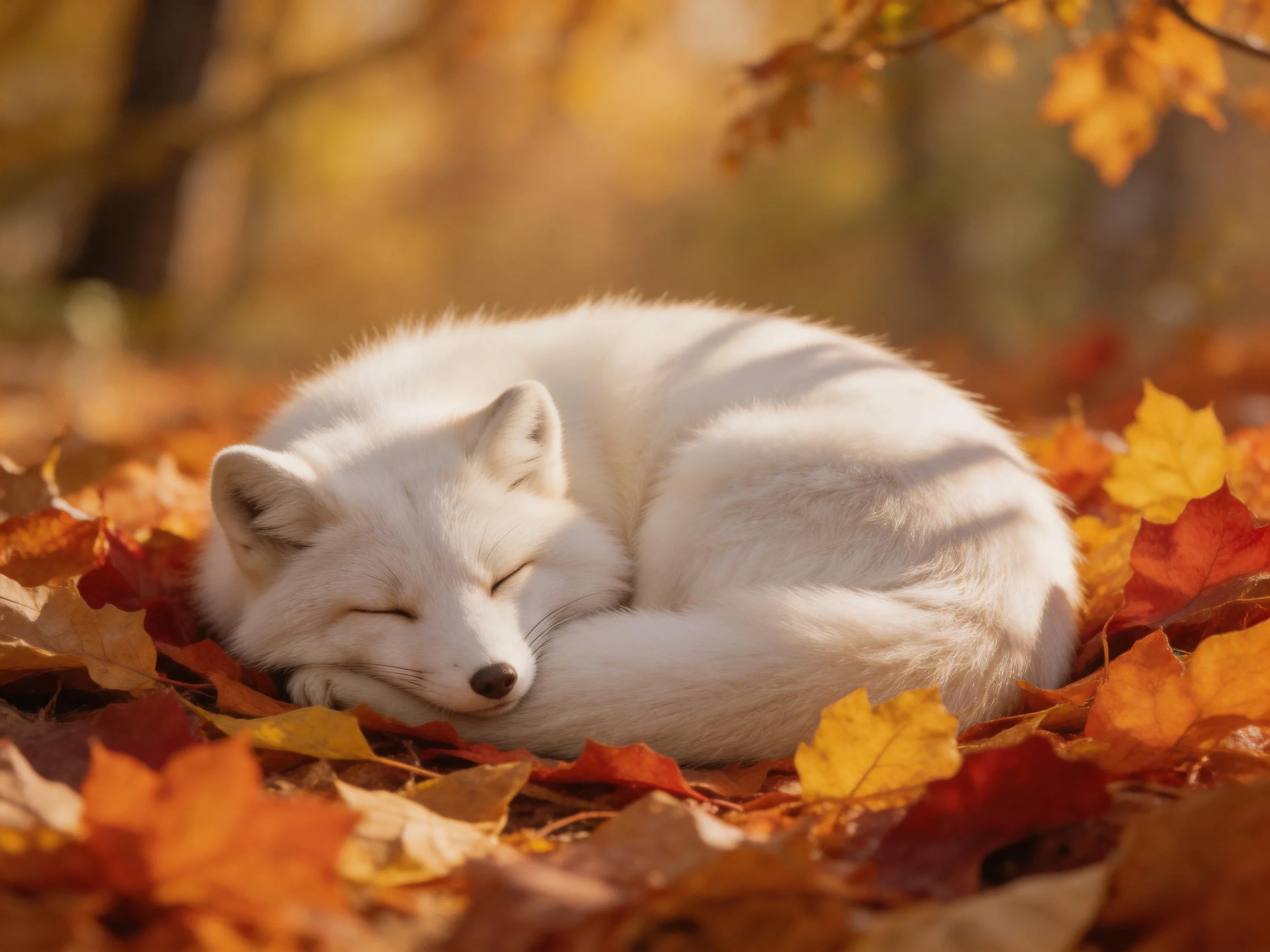 A white fox curled among colorful autumn leaves in warm sunlight