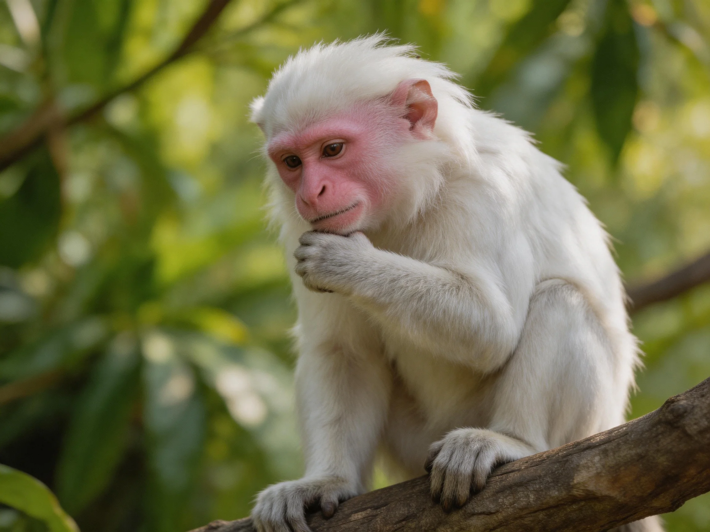 A white-furred monkey with pink face perched on a branch