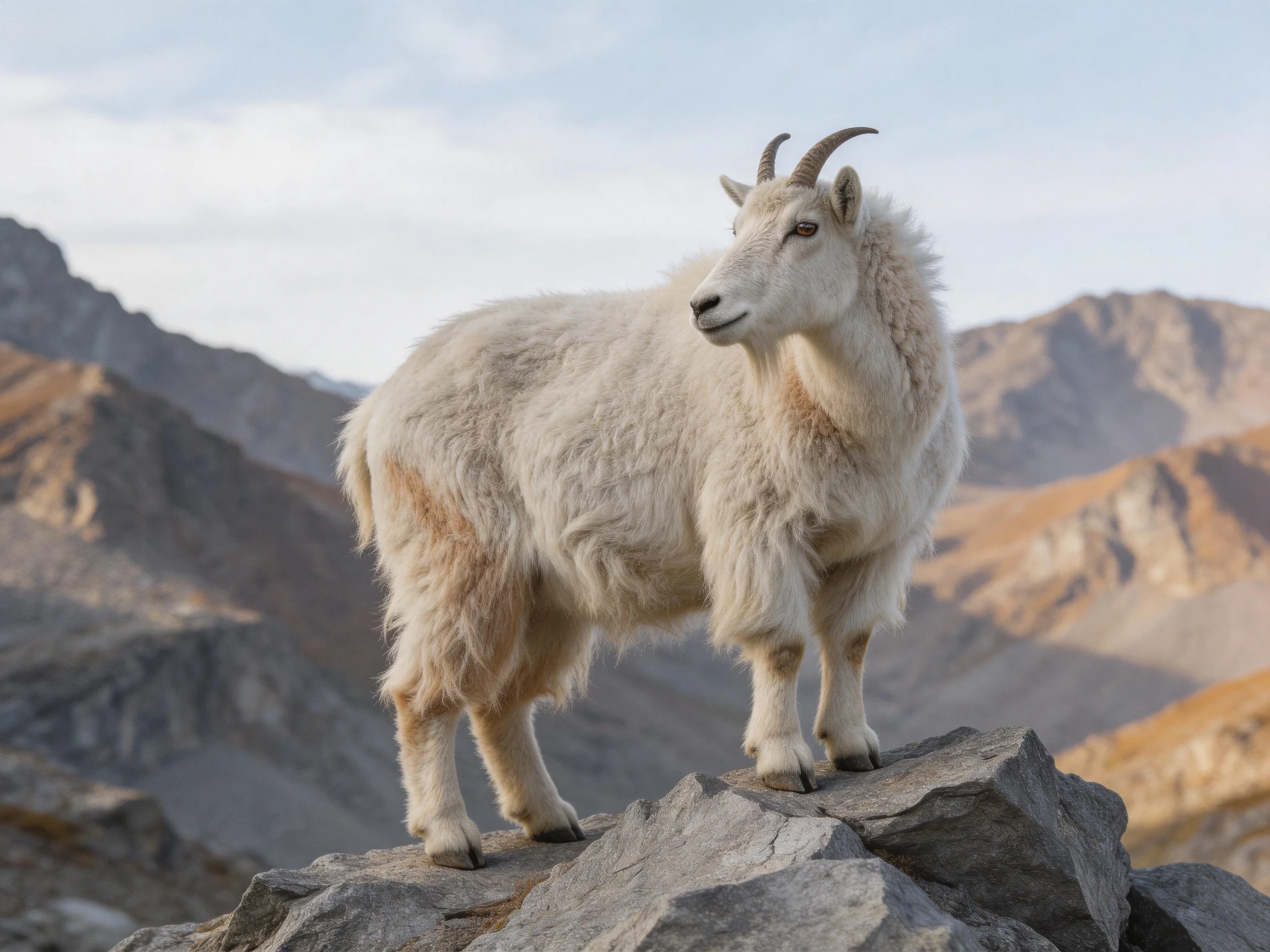 A white-furred mountain goat stands on a rocky peak among brown-hued mountains