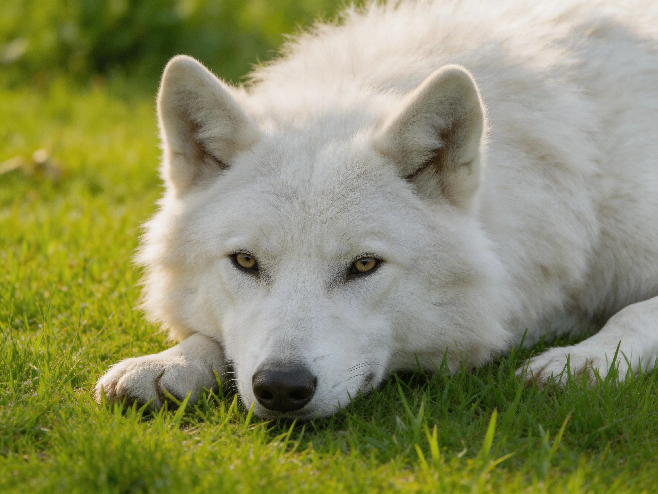 A white-furred wolf rests on lush green grass in natural light