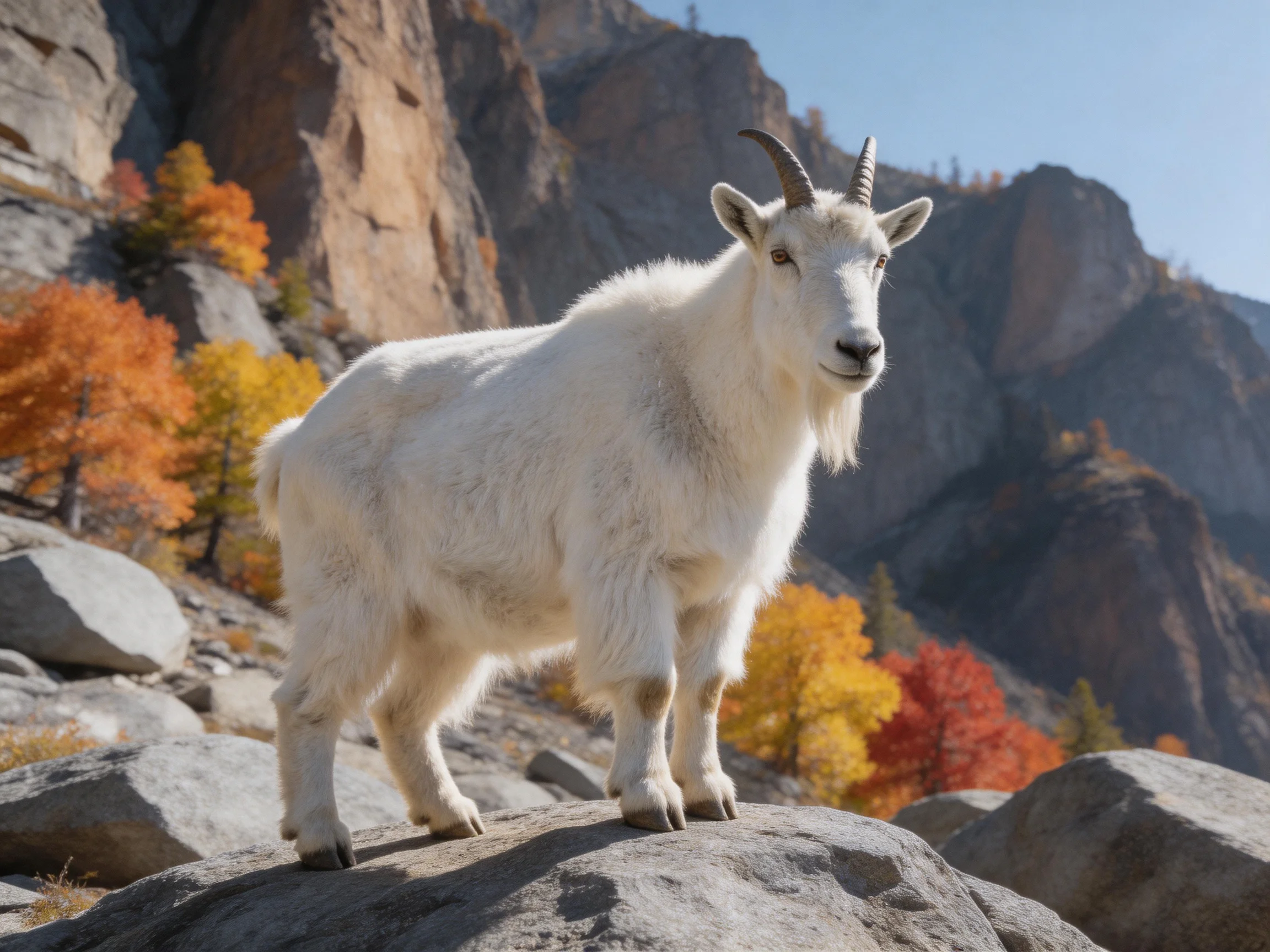 A white goat stands on rocks near colorful autumn foliage and rocky cliffs.