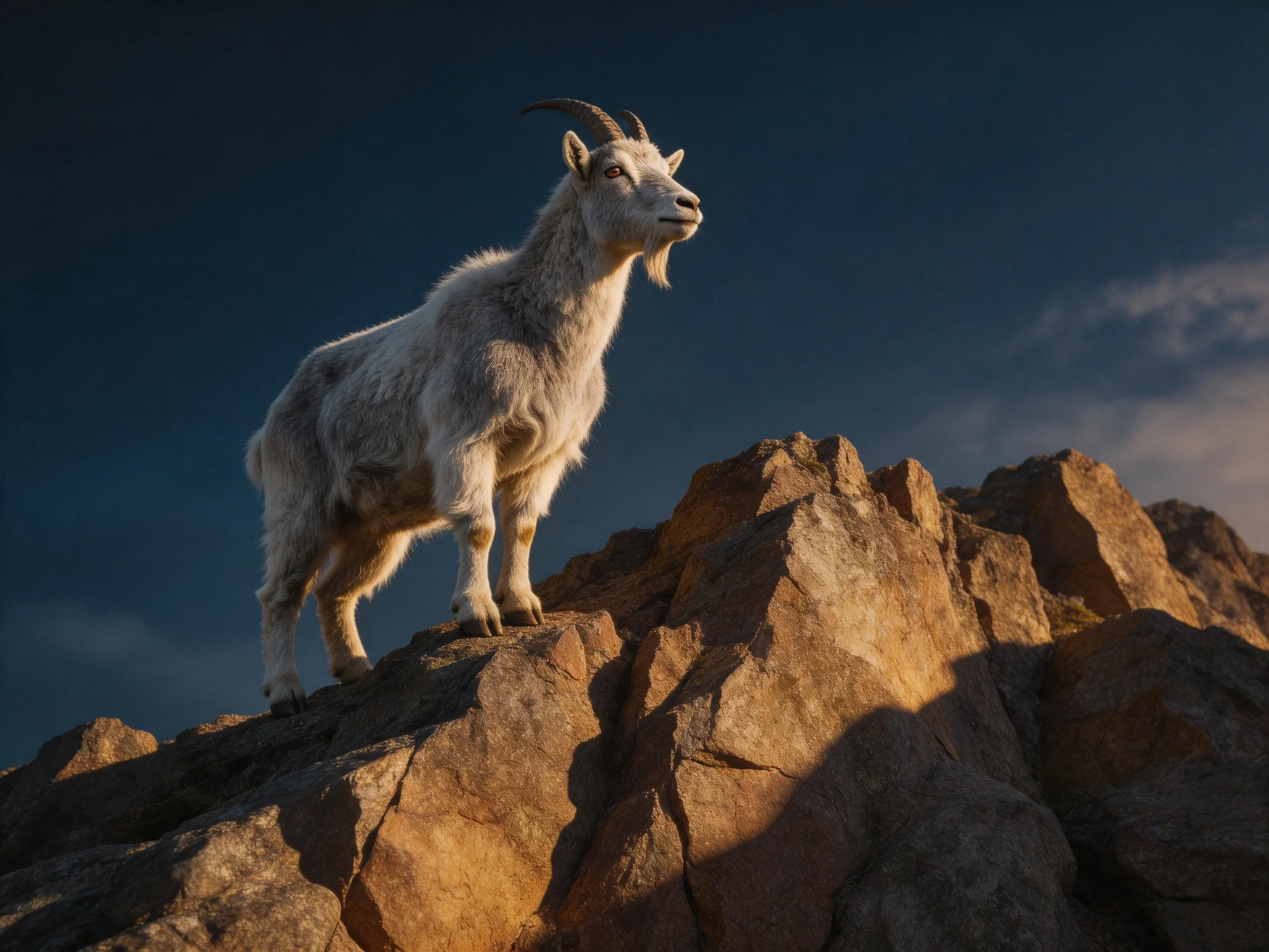 A white goat stands on rugged brown rocks under a dark blue sky