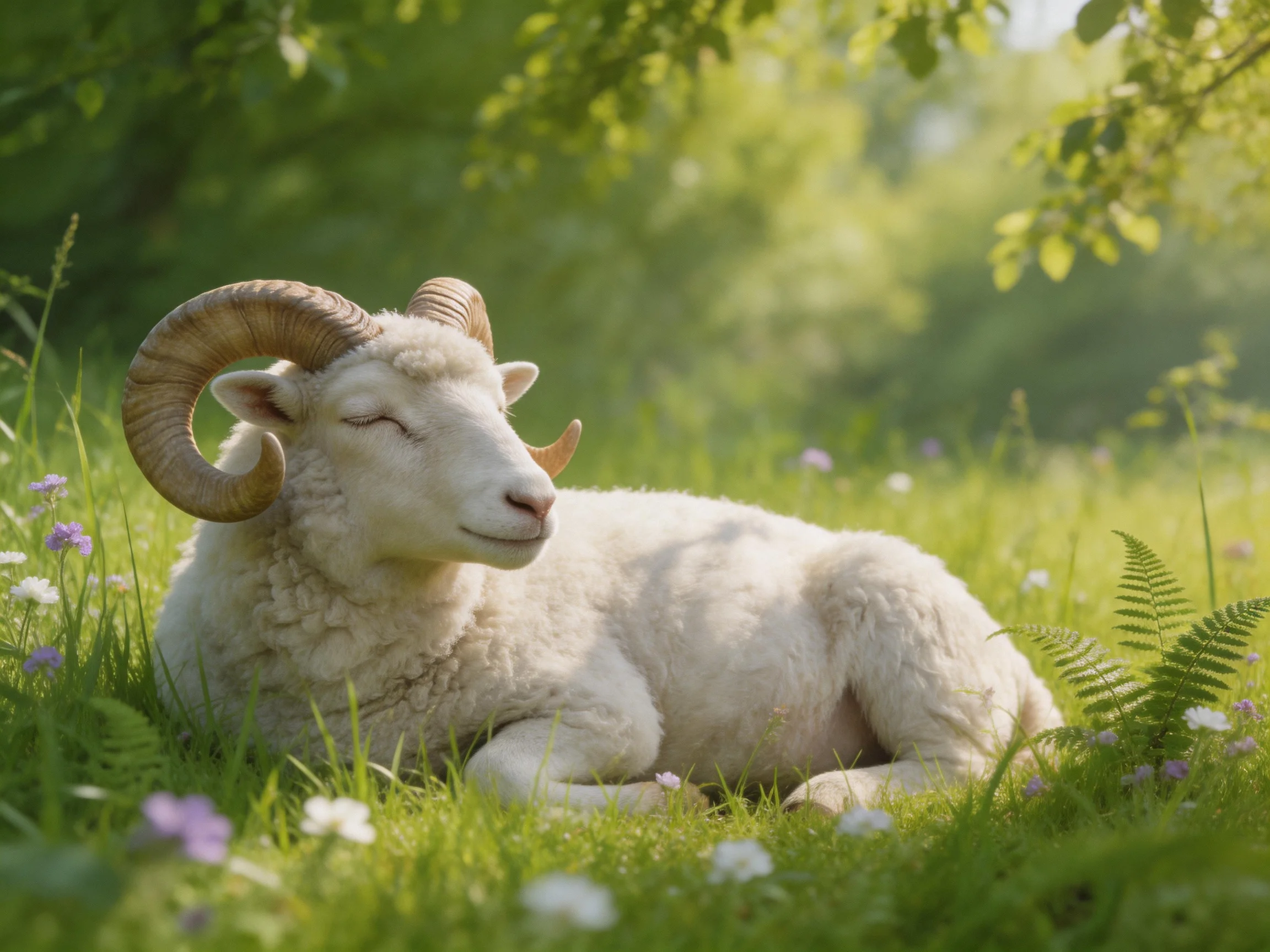 A white horned animal rests in a lush green meadow with wildflowers