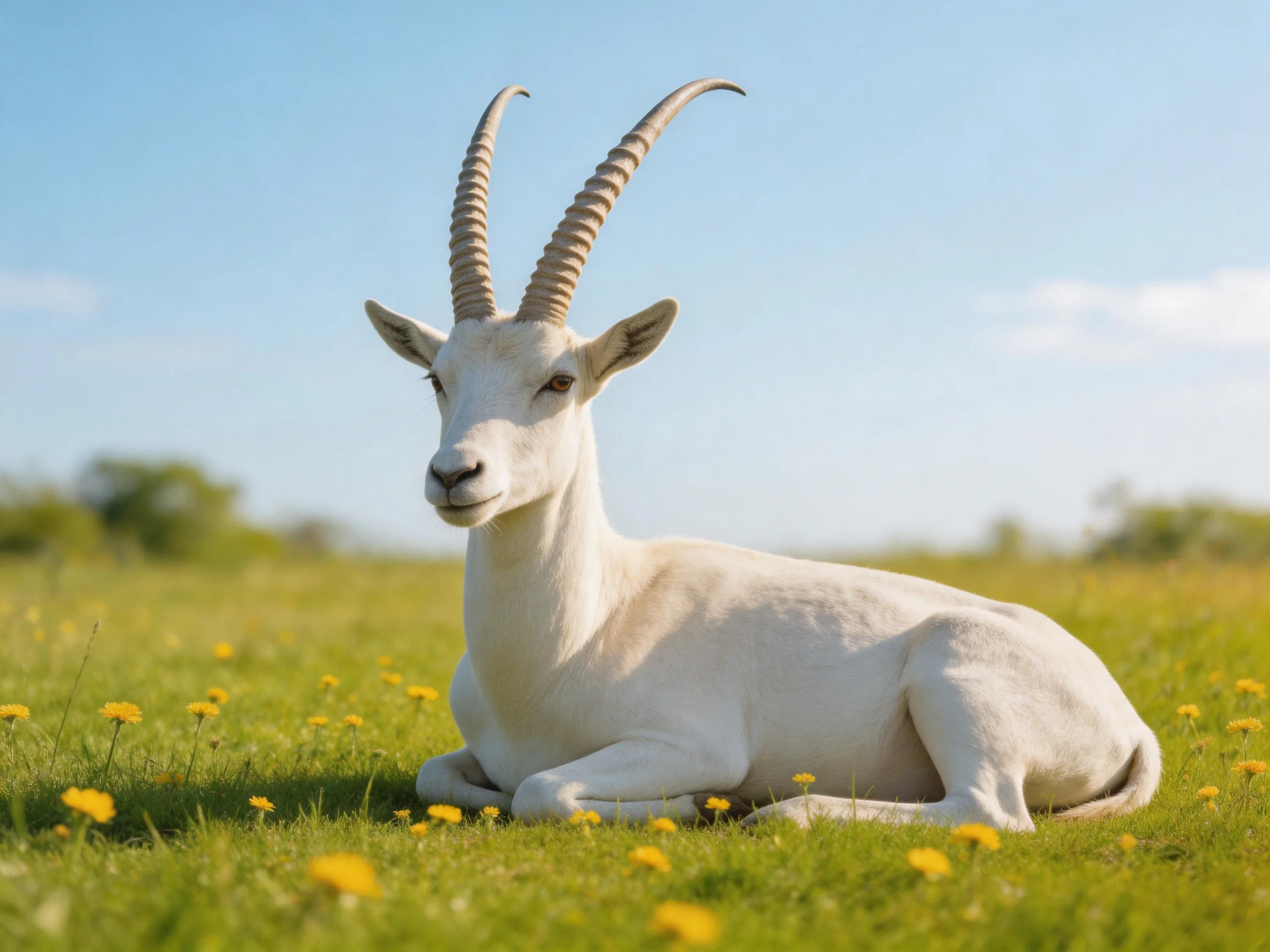 A white horned goat sits calmly among yellow flowers in a sunny meadow.