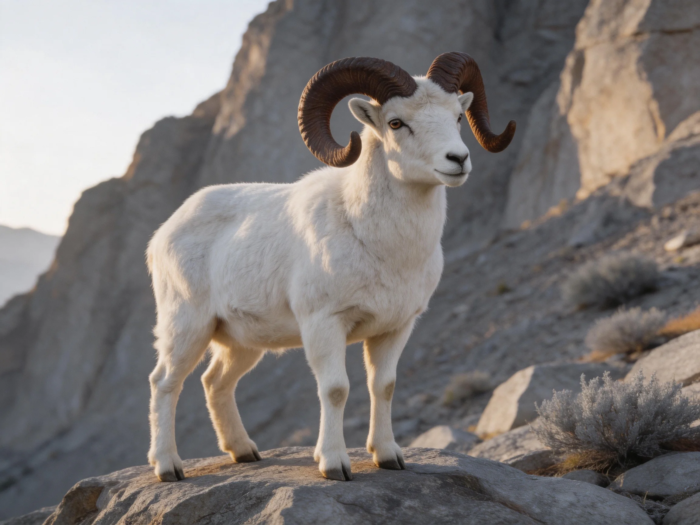 A white-horned goat stands on a rocky mountain cliff.