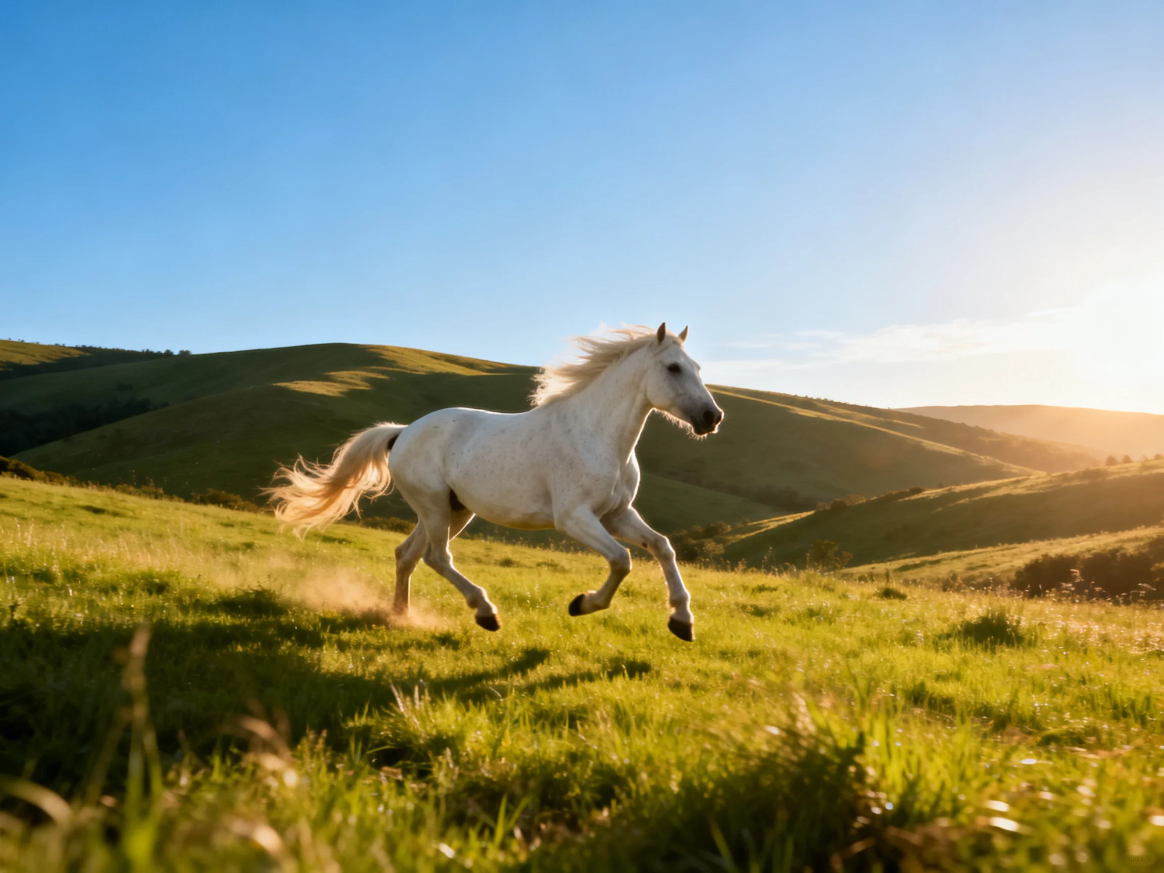 A white horse gallops freely across a sunlit grassy landscape with rolling hills.