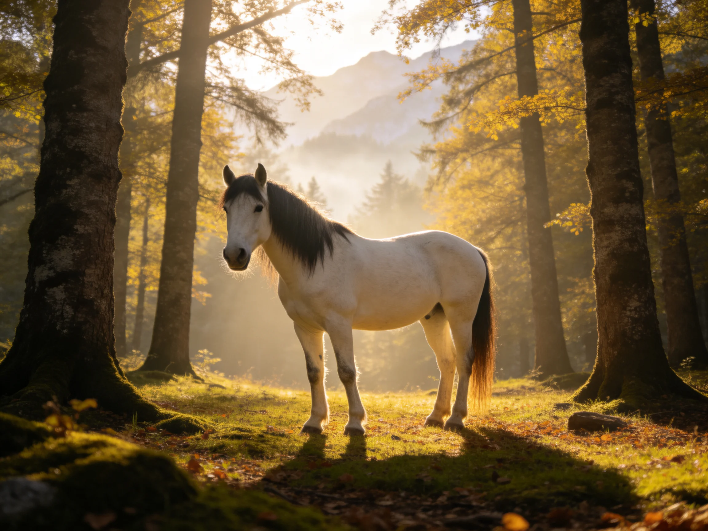 A white horse stands in a sunlit forest with tall trees