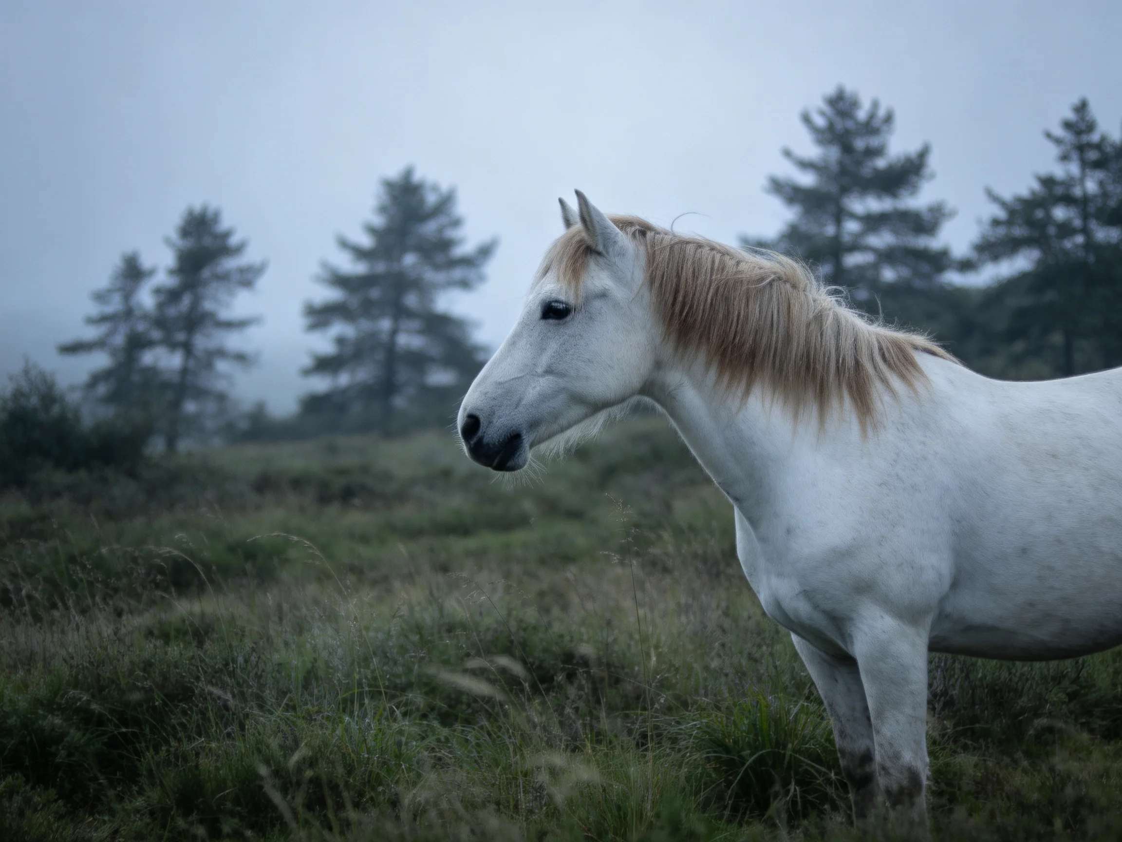 A white horse stands peacefully in a misty forest clearing.
