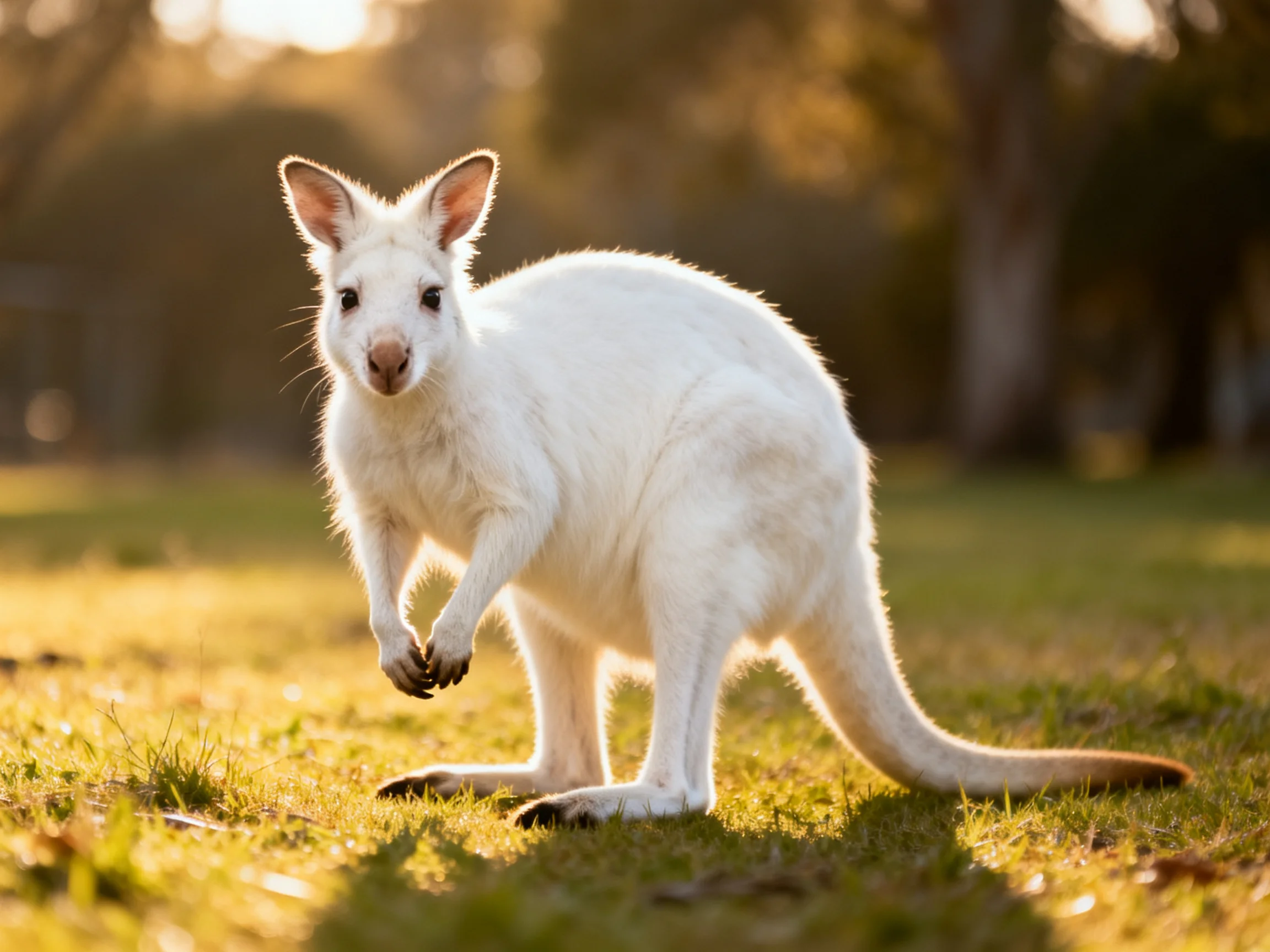 A white kangaroo stands on sunlit grass in an outdoor setting.