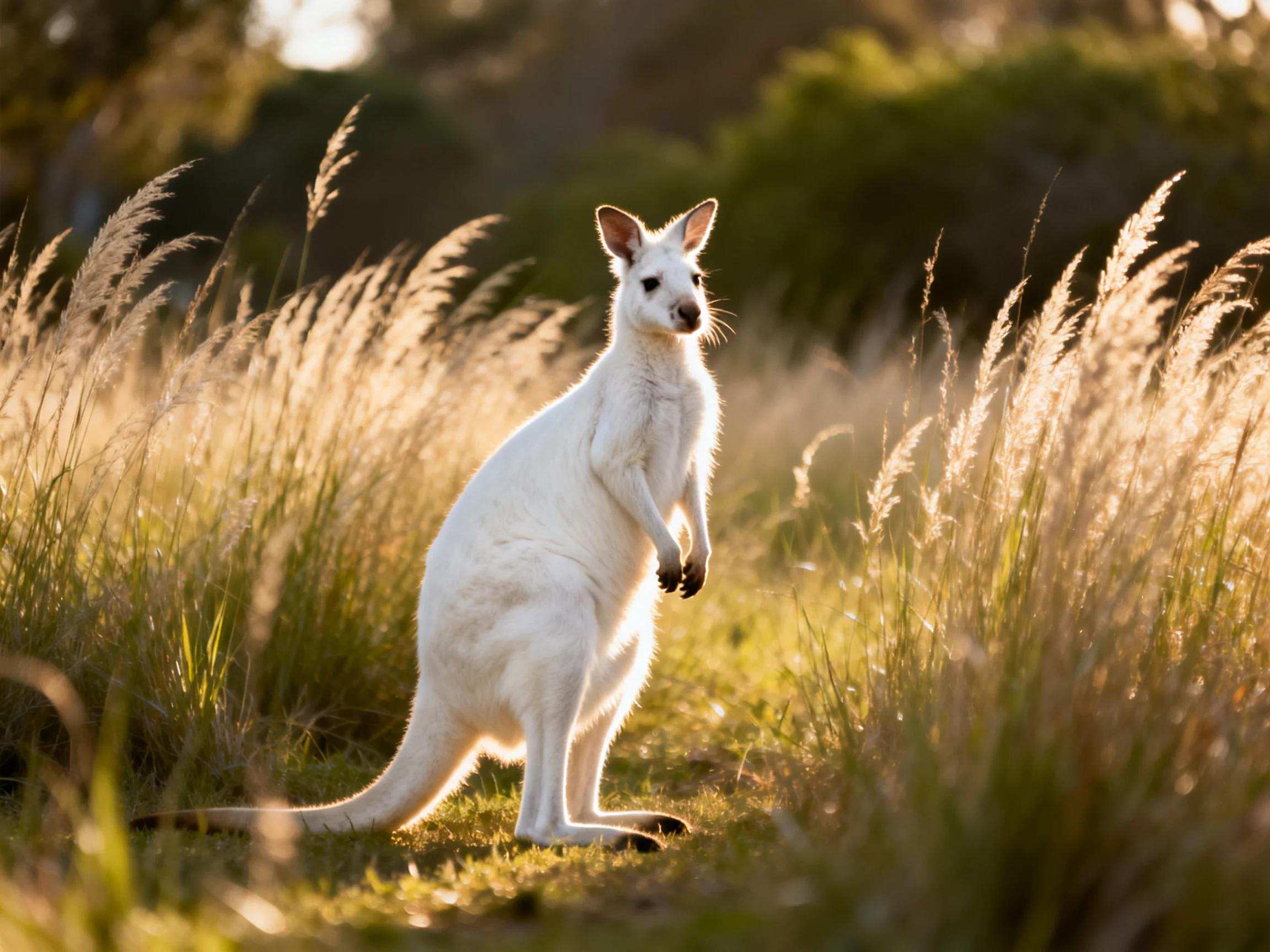 A white kangaroo stands among tall grasses in a sunlit natural setting.