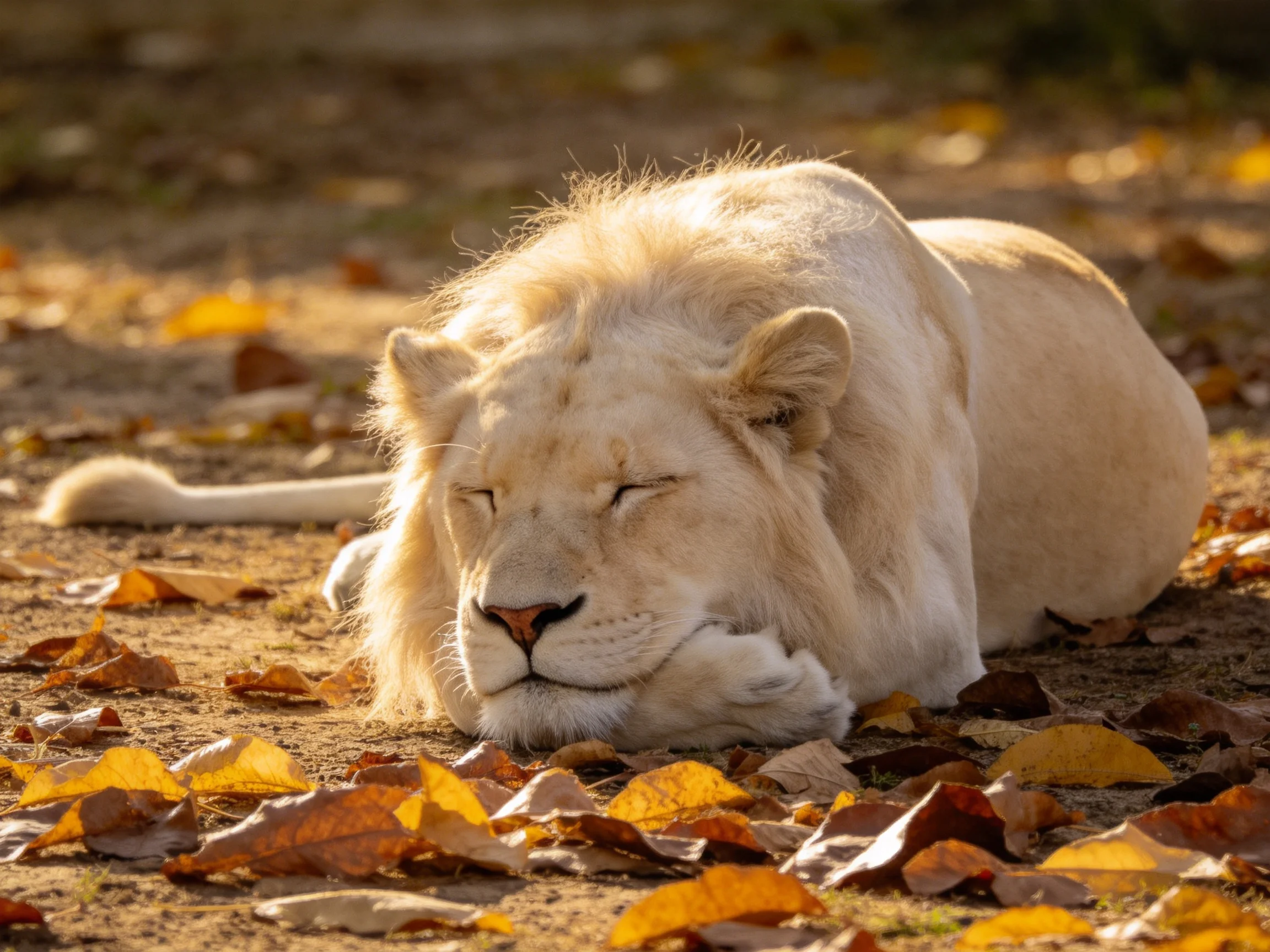 A white lion rests on dirt ground with autumn leaves