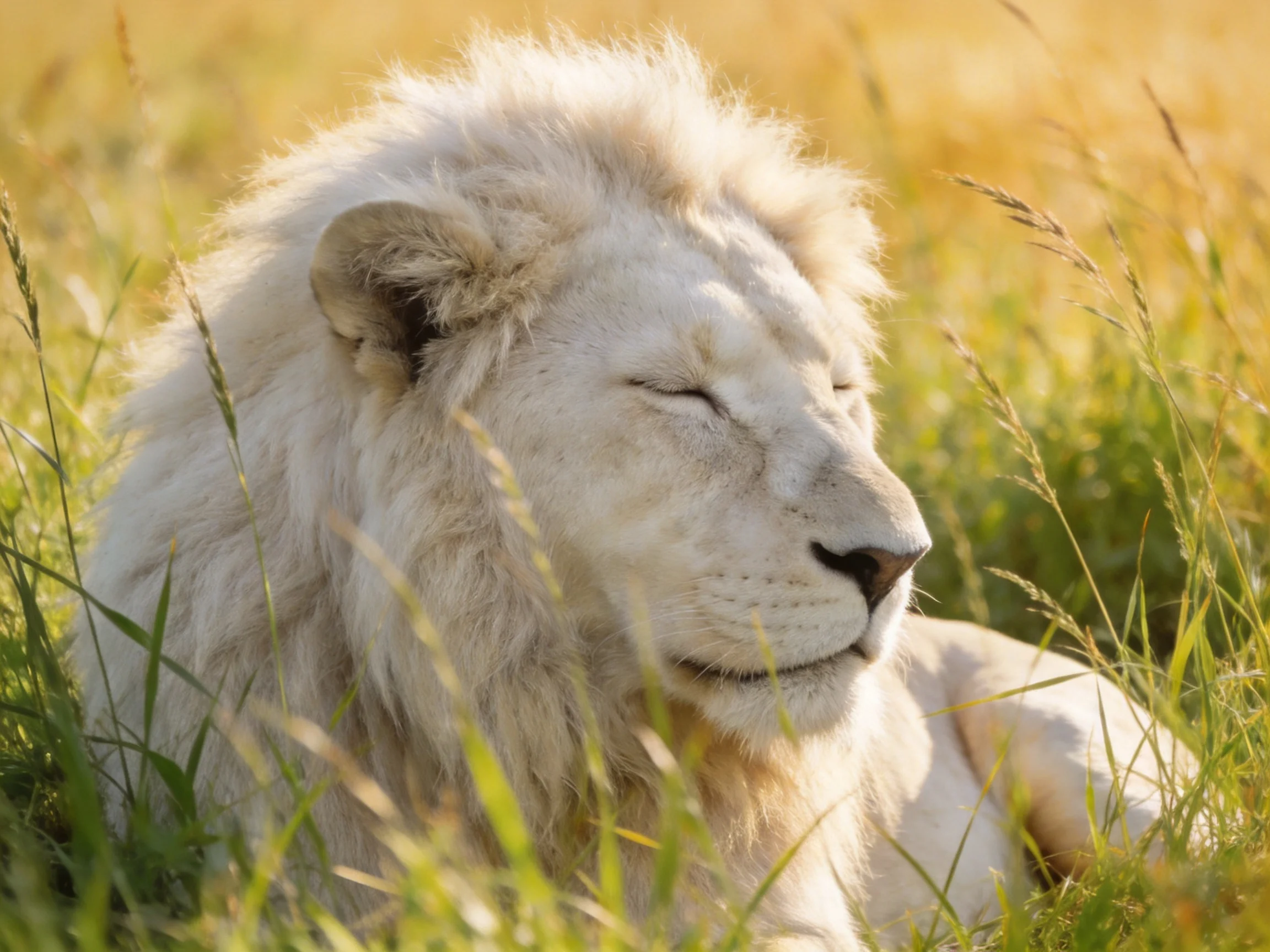 A white lion rests peacefully amid tall golden-green grasses