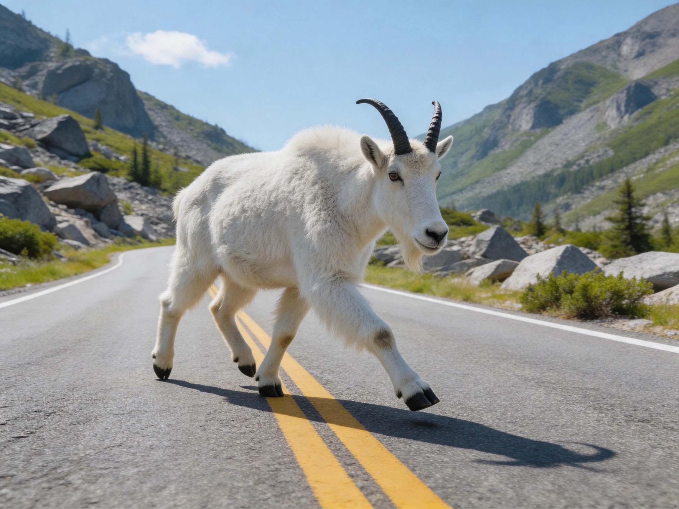 A white mountain goat crosses a paved highway amid rocky mountains