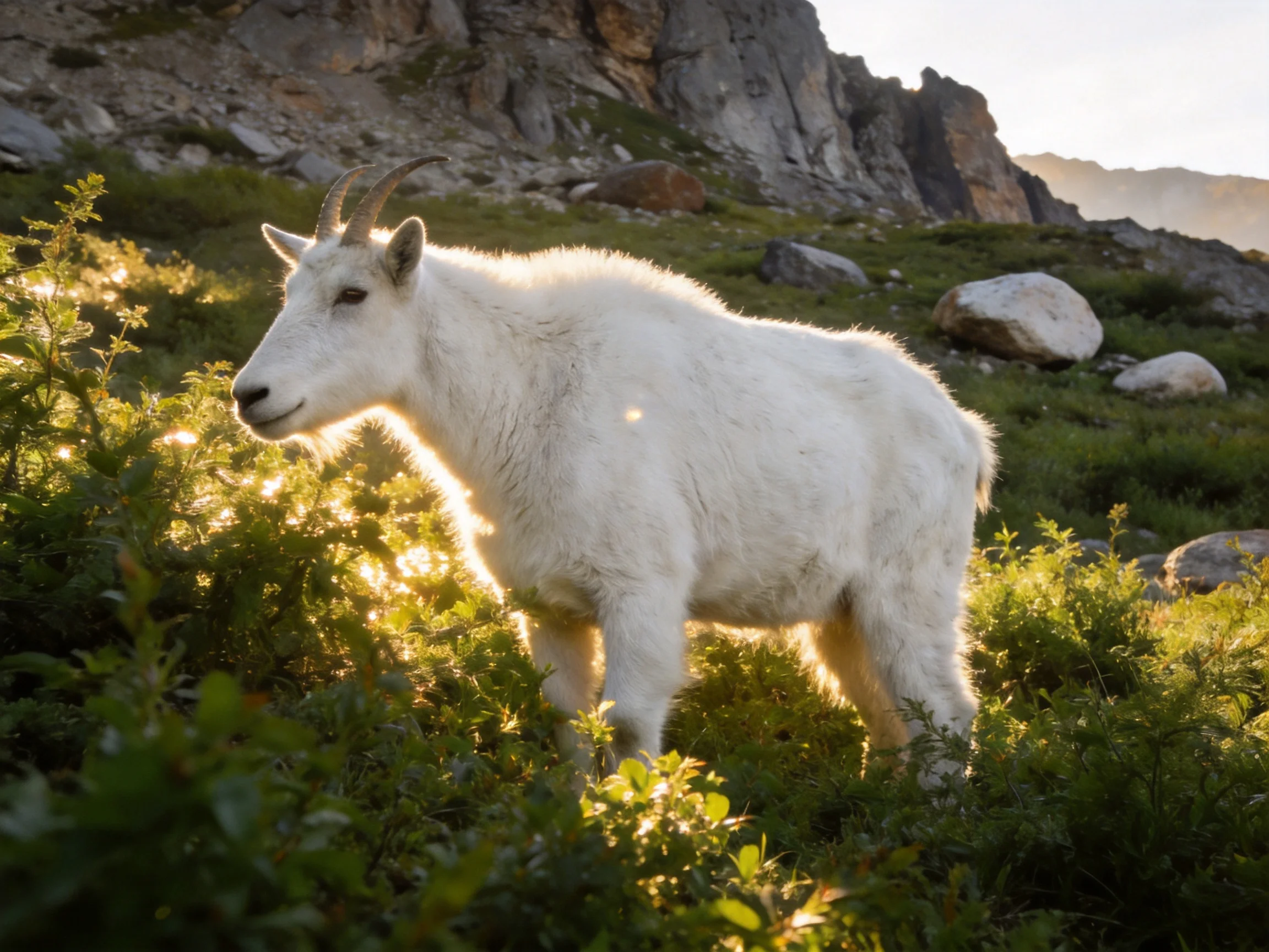 A white mountain goat grazing among lush green shrubs near rocky cliffs