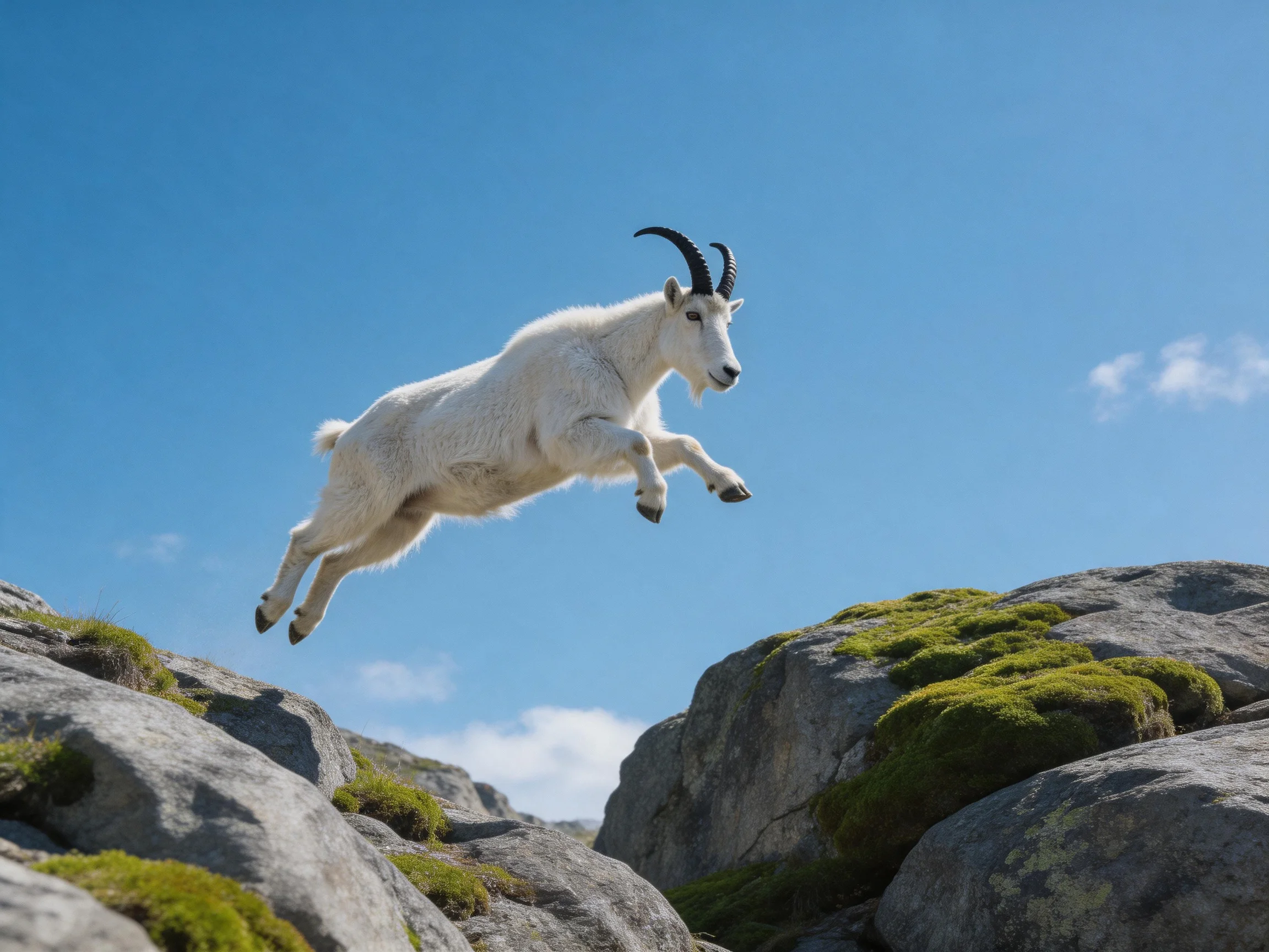 A white mountain goat leaps over mossy rocky terrain under a bright blue sky