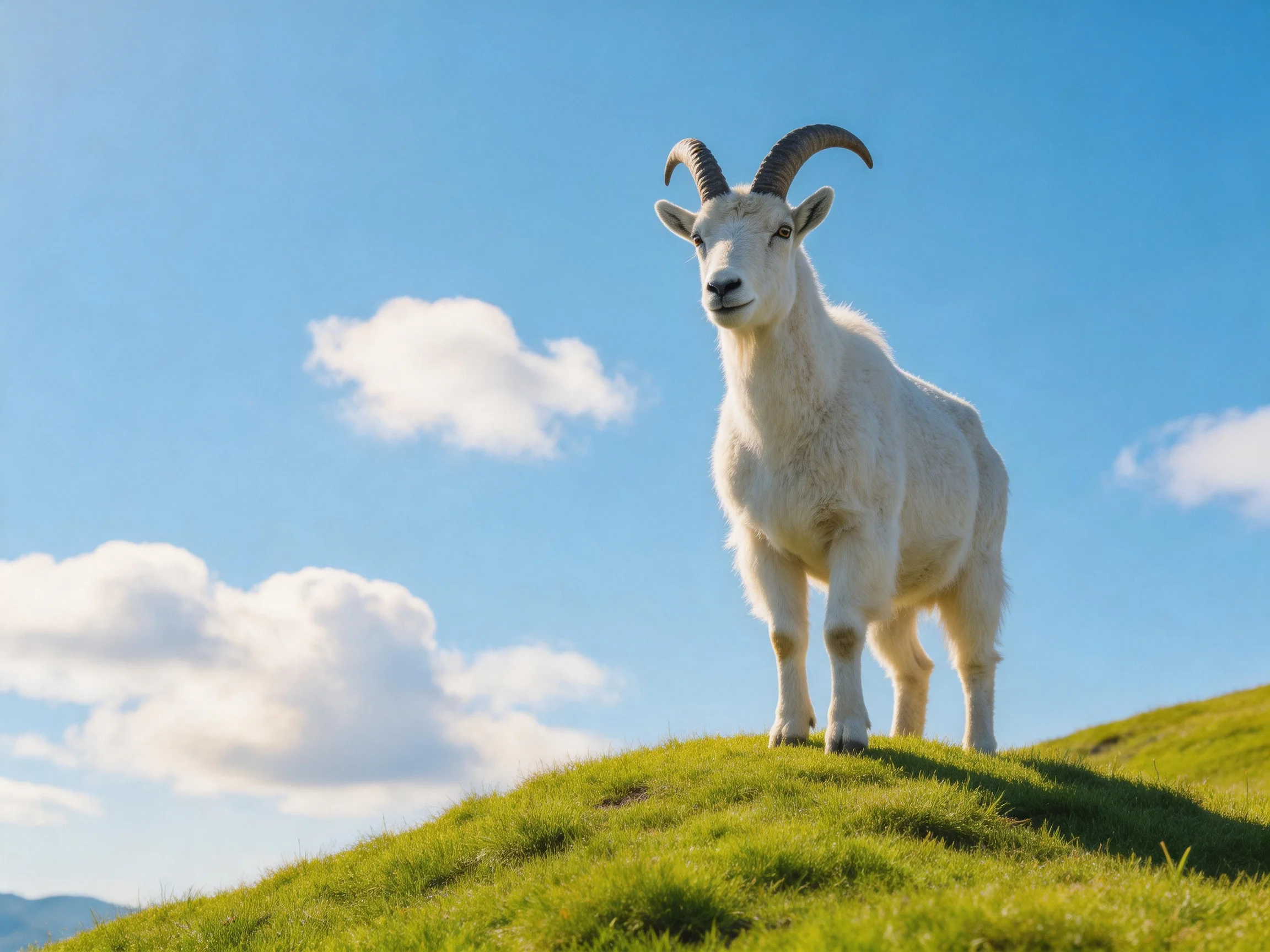 A white goat stands on a grassy hill beneath a clear blue sky.