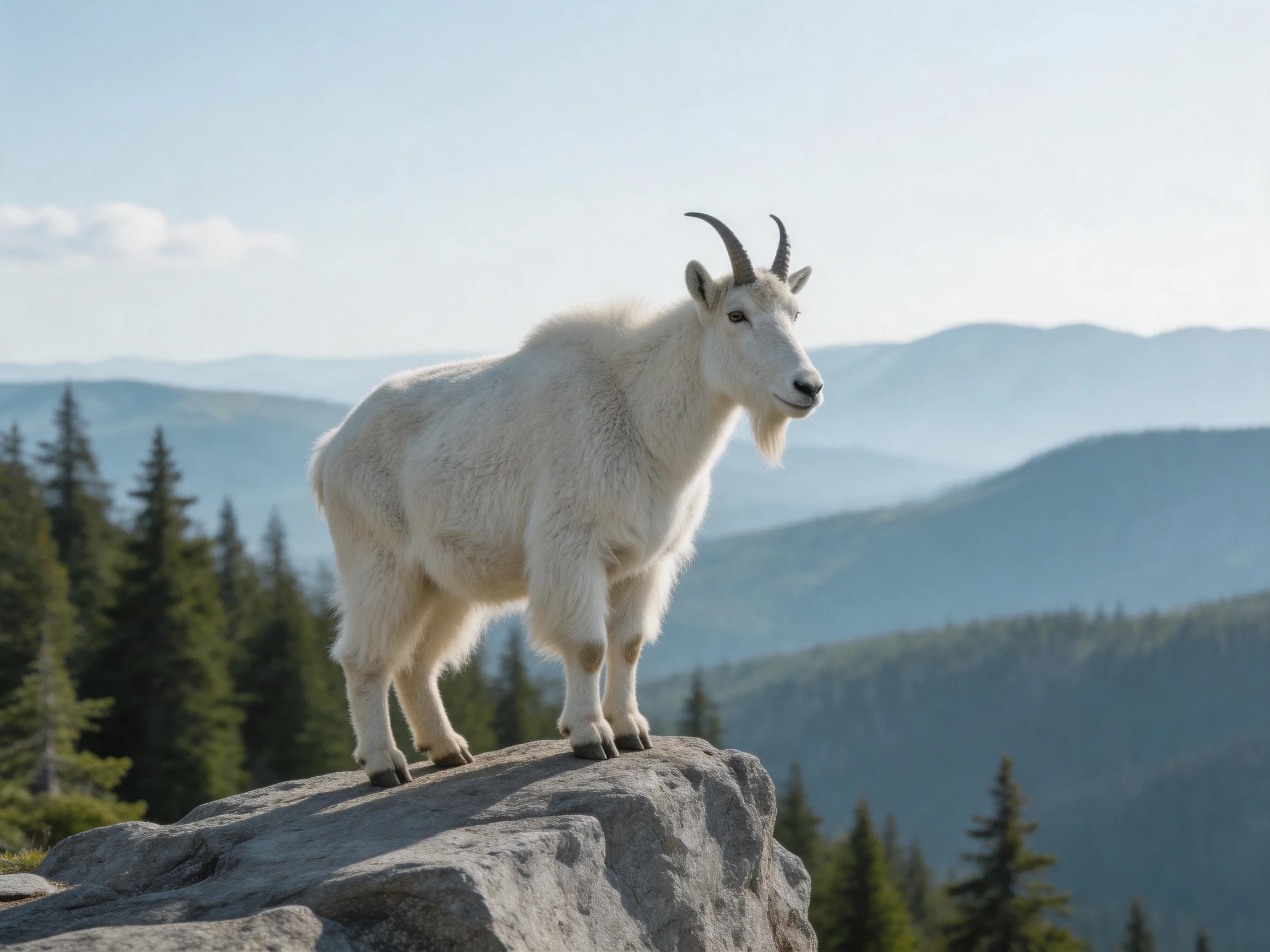 A white mountain goat stands on a rocky outcrop with forested mountains in the background.