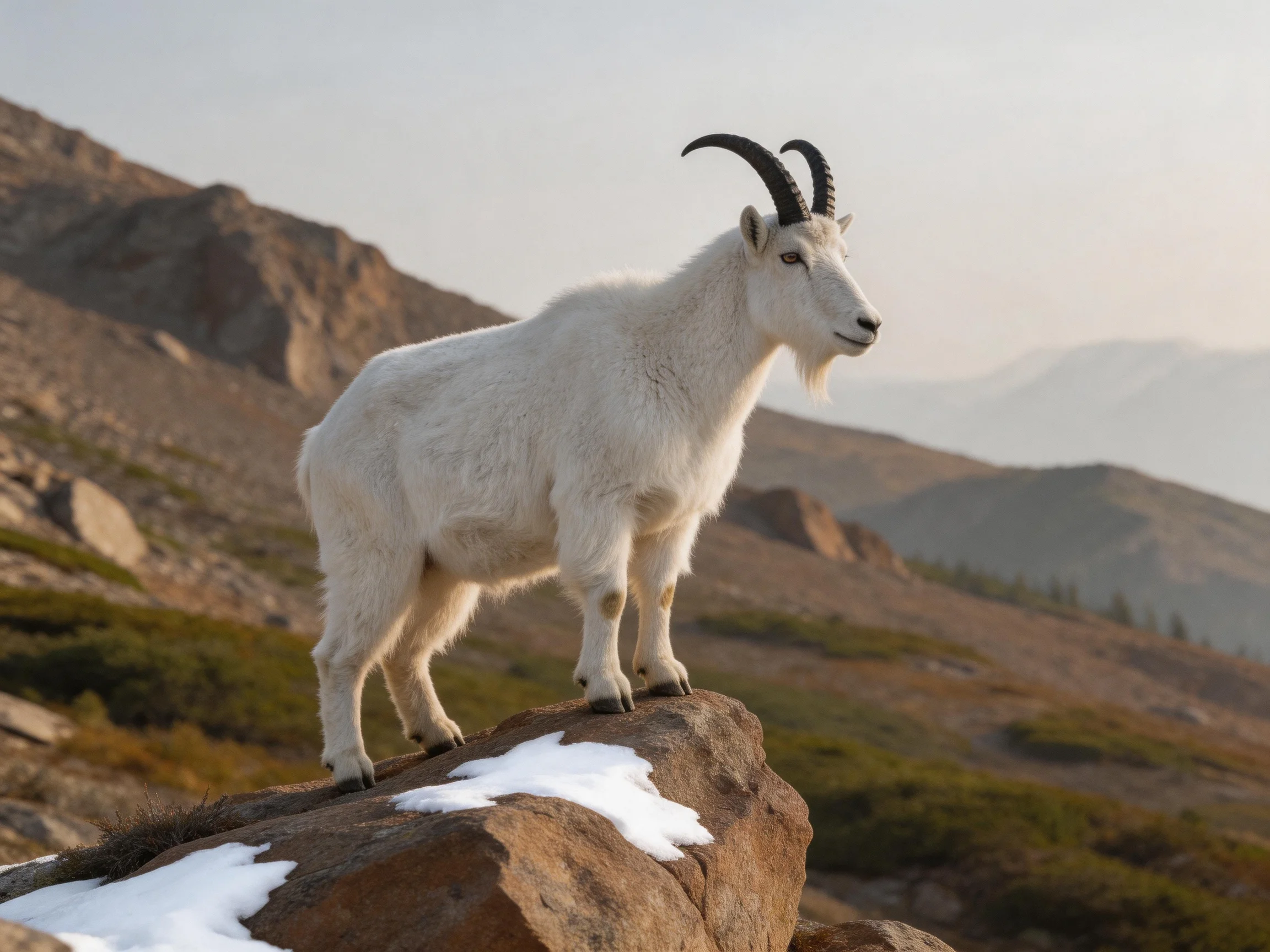A white mountain goat stands on a snow-dusted rock amid a mountainous landscape.