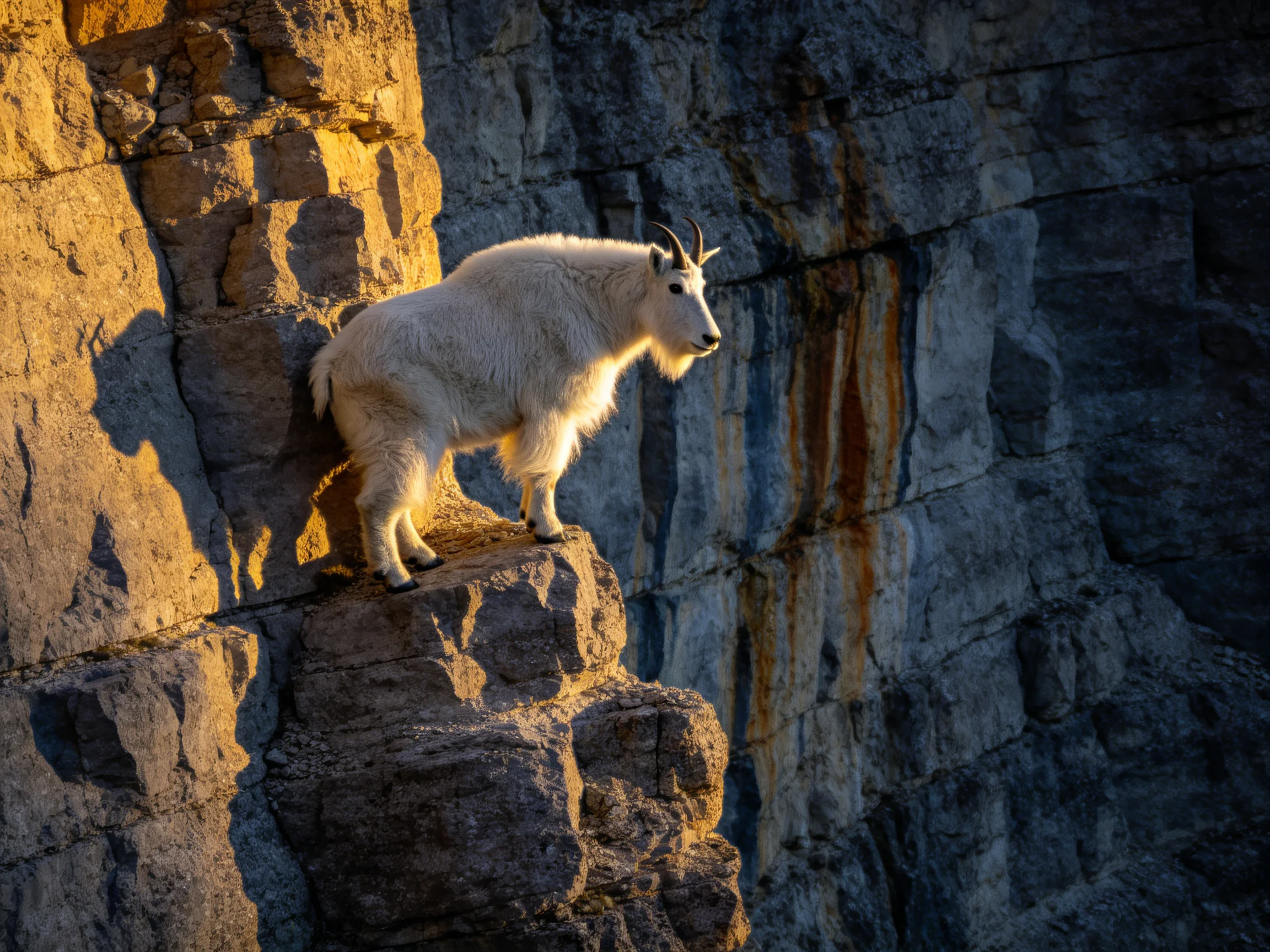 A white mountain goat perches on a rocky cliff face in a sunlit landscape.