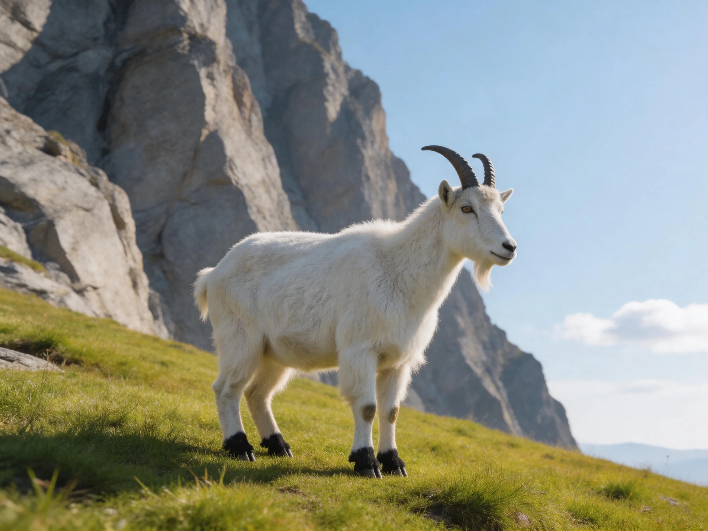 A white goat stands on a grassy hillside beside rocky cliffs.