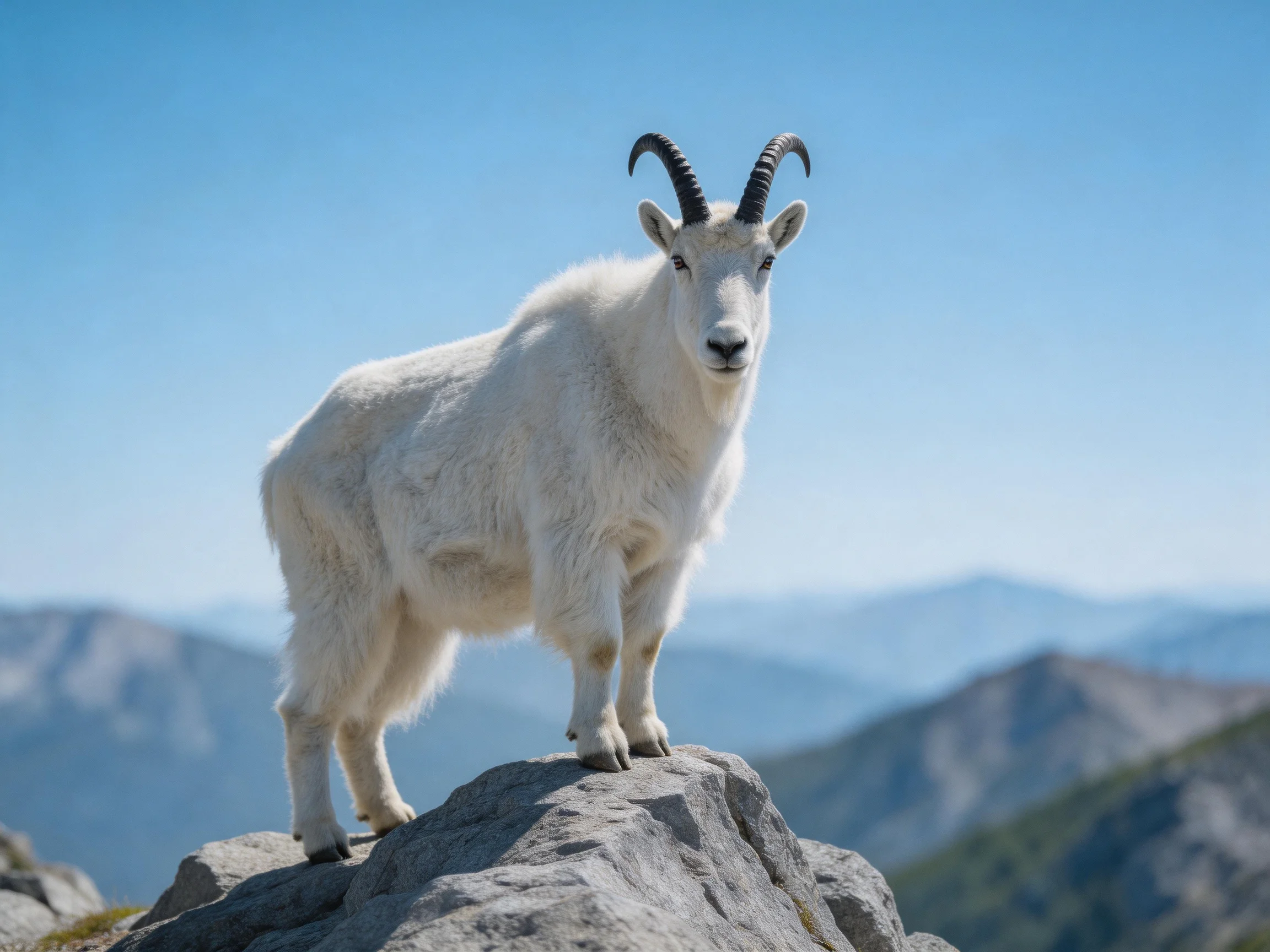 A white mountain goat stands on a rocky peak with distant mountains in the background.