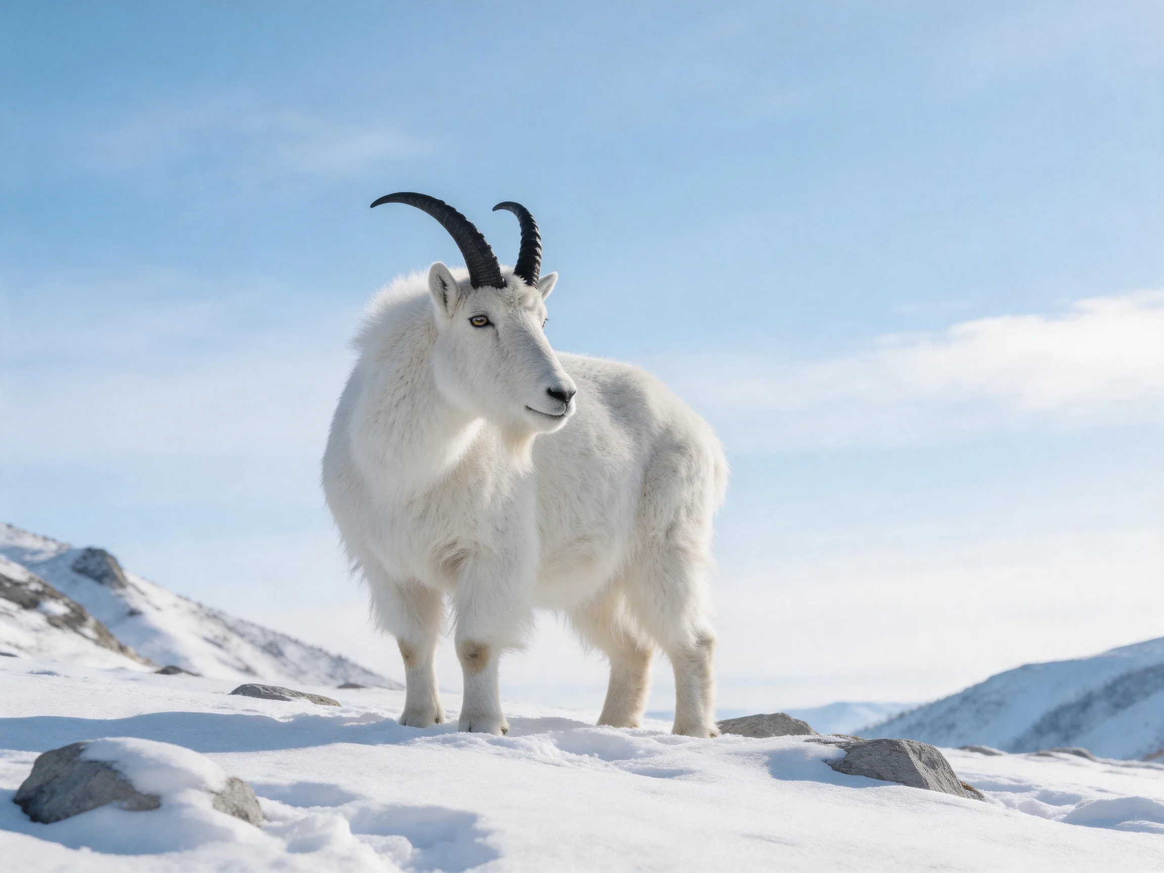 A white mountain goat stands on snow - covered rocky terrain