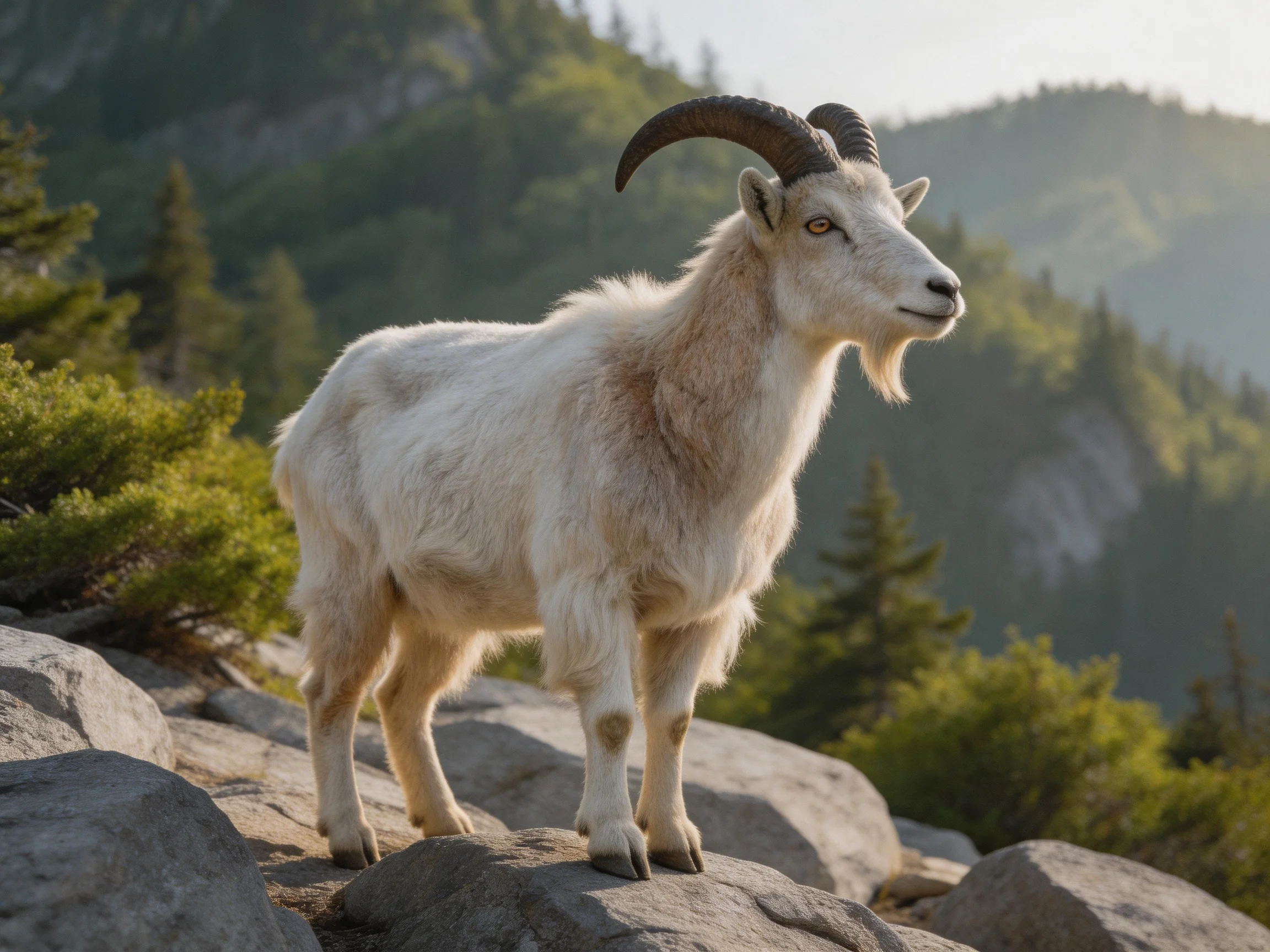A white mountain goat with curved horns stands on rocky cliffs near forested mountains
