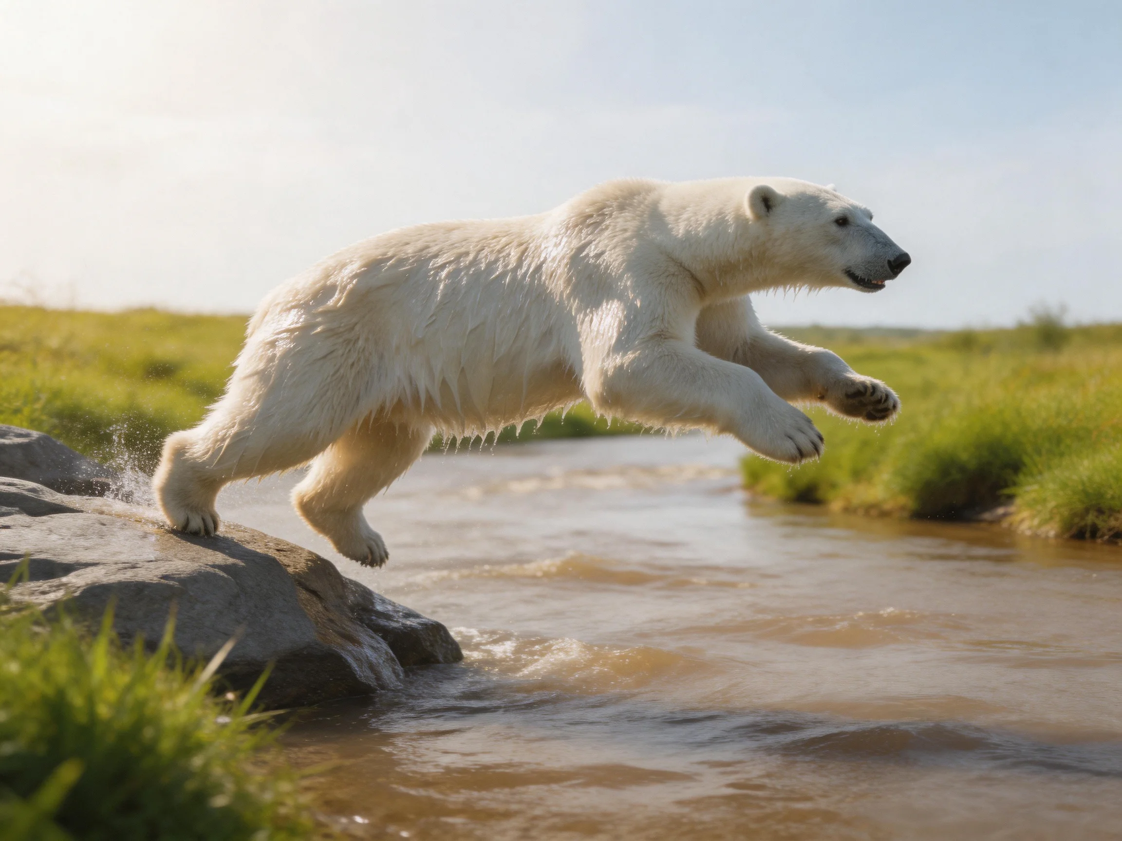 A white polar bear leaps from a rock over a brown stream with green surroundings